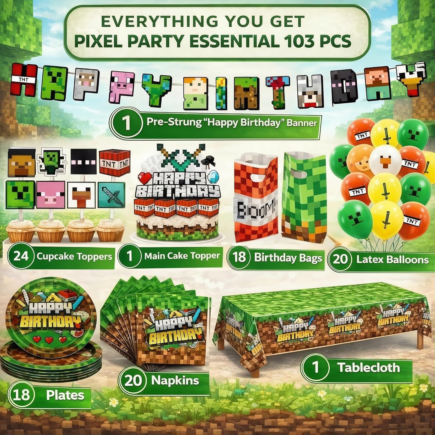 Pixel Game Birthday Party Decorations - Miner Supplies Set Gaming Theme - Including Banner Balloons Tablecloth Plates Toppers Napkins Favor Bags - Mining Bday Pack Craft Decor Kit Boys Girls