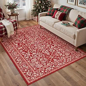 Christmas Area Rug 4x6 Red Washable Office Carpet Holiday Door Mat Vintage Low Pile Distressed Retro Floral Throw Non Slip Soft Decorative Xmas Rug for Entryway Kitchen Bedroom Bathroom