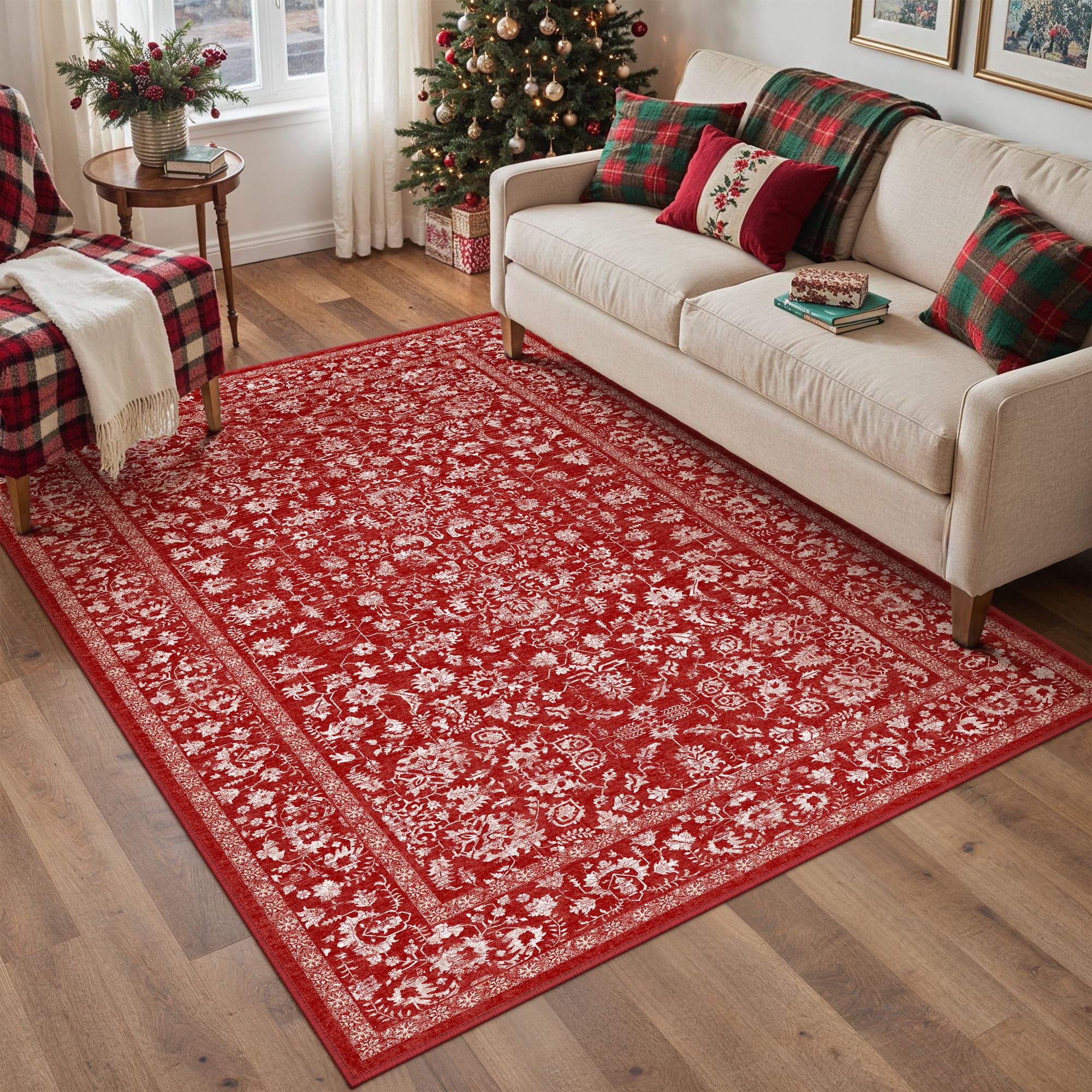PureCozy Christmas Area Rug 4x6 Red Washable Office Carpet Holiday Door Mat Vintage Low Pile Distressed Retro Floral Throw Non Slip Soft Decorative Xmas Rug for Entryway Kitchen Bedroom Bathroom โ image 1