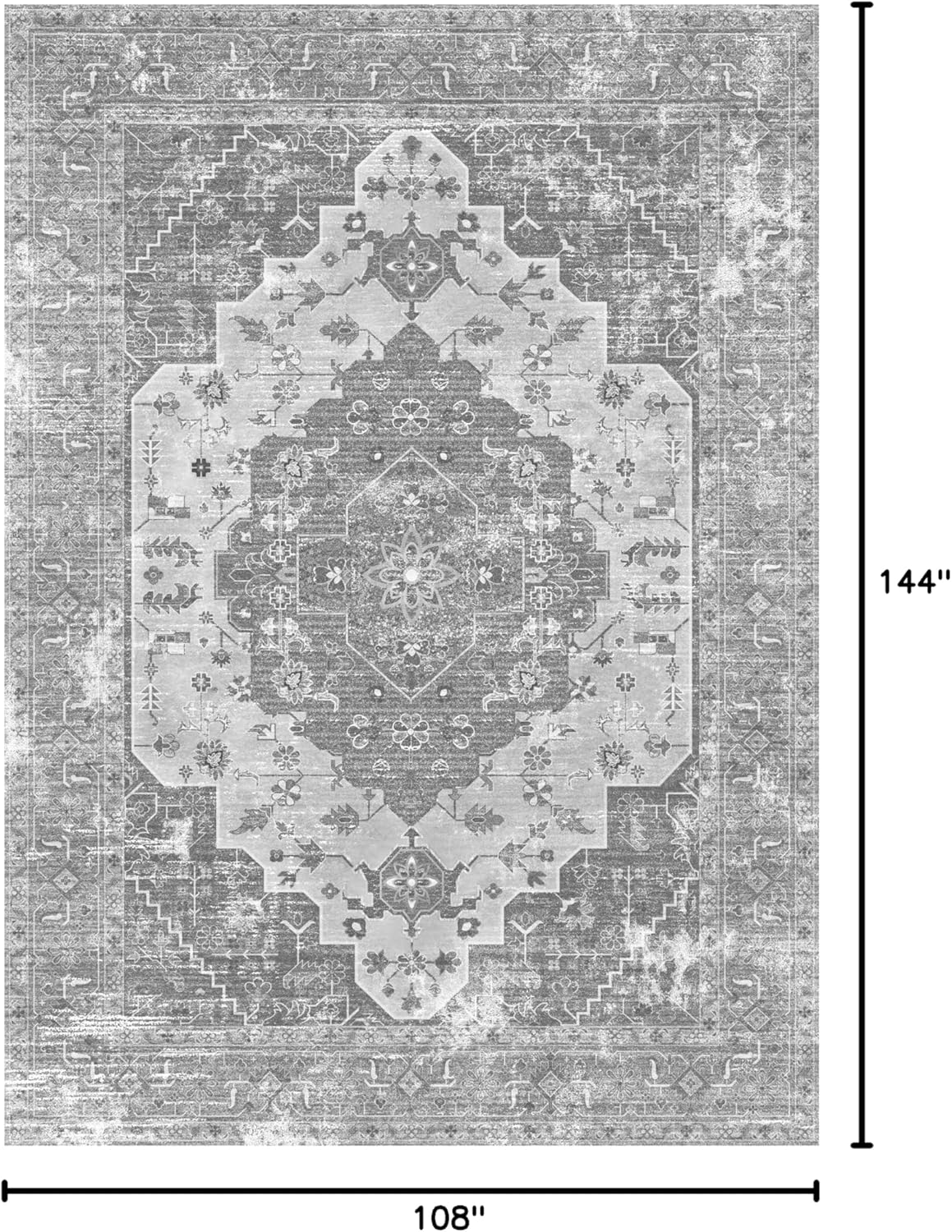 vivorug 9x12 Area Rugs, Stain Resistant Washable Rug for Living Room, Vintage-Inspired Grey Floral Rug Classic-grey 9' x 12' (Rectangular)