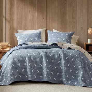 Woolrich Coverlet Set Rustic Lodge Design, 3 Piece Set All Season, Lightweight Reversible Farmhouse Bedspread Bedding, Shams, Full/Queen, Blue
