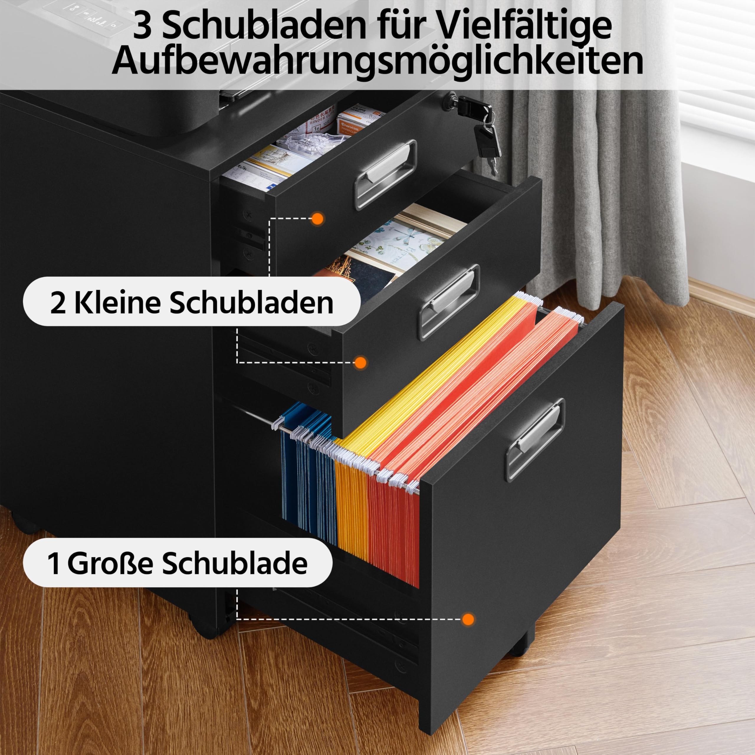 Yaheetech Armadietto con 3 cassetti e cartella sospesa, mobile per ufficio, studio, soggiorno, ufficio, colore nero