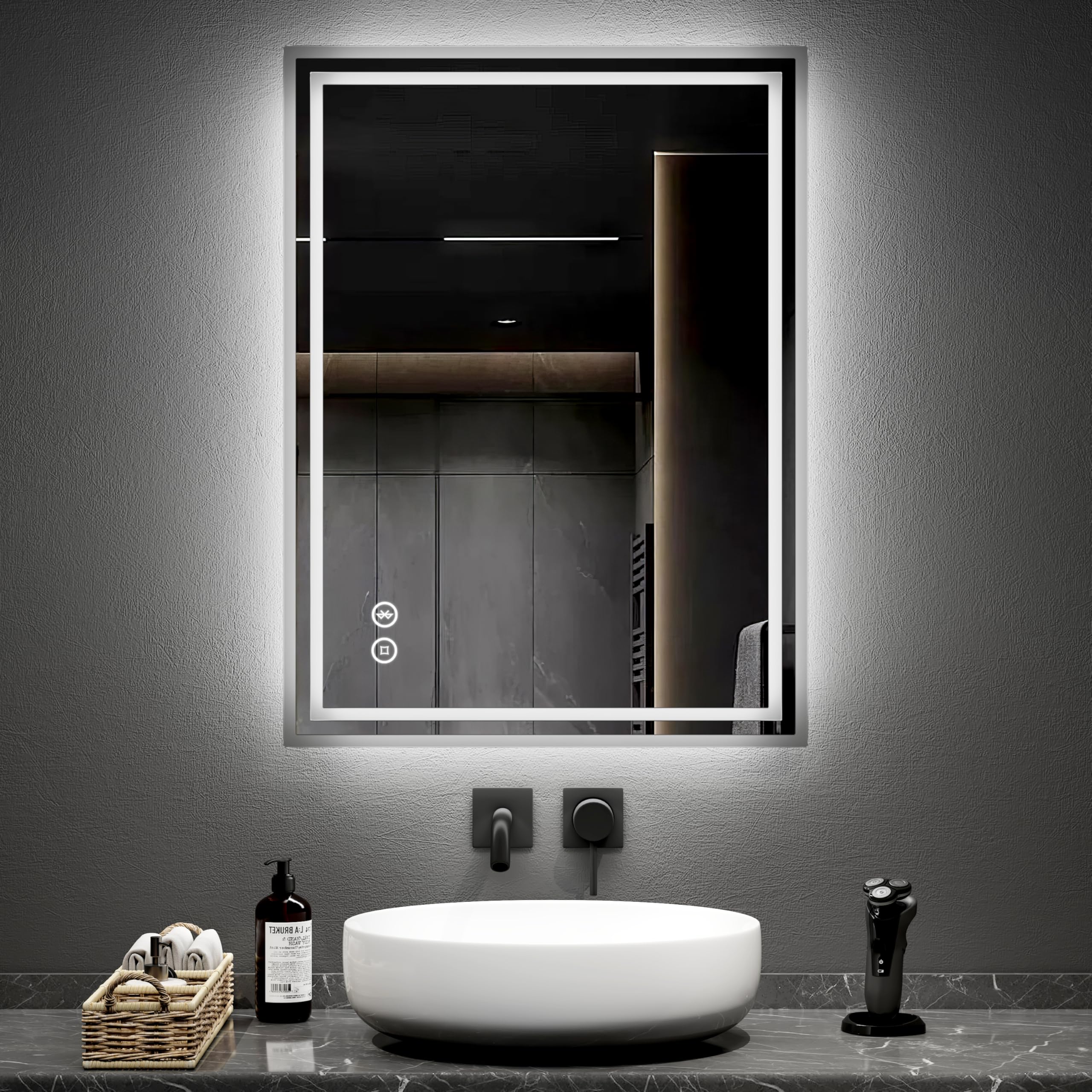 EMKE Bluetooth Bathroom Mirror with Lights and Shaver Socket, 60x80cm LED Backlit Mirror, Anti-Fog, Dimmable Touch Control, Built-in Bluetooth Speaker, IP44 Hardwired Wall Mounted