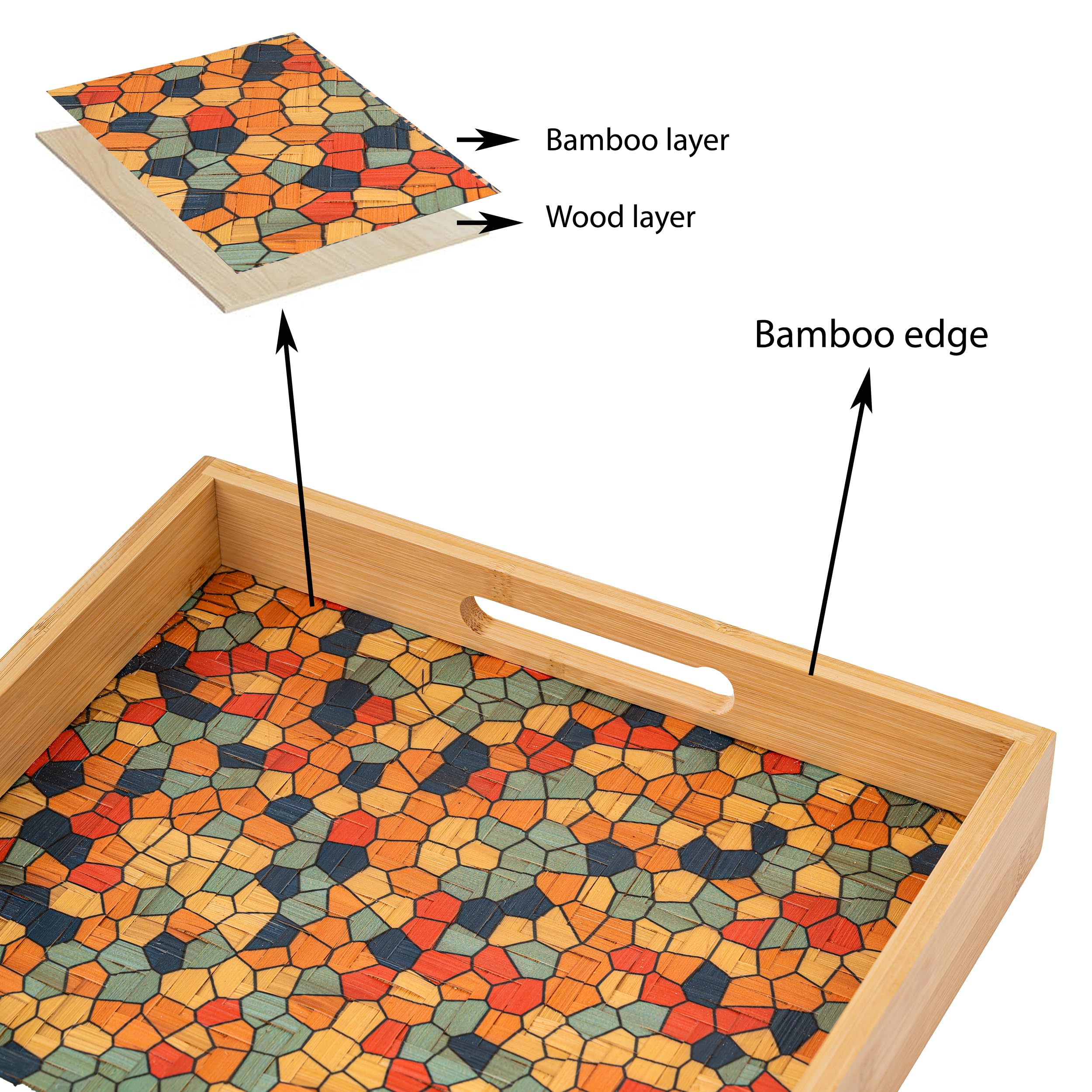 PEMAR Bandeja cuadrada de bambú de 12.2 pulgadas con asa para alimentos y bebidas, bandejas rectangulares de madera decorativas para mesa de café, comer en la cama (mosaico)