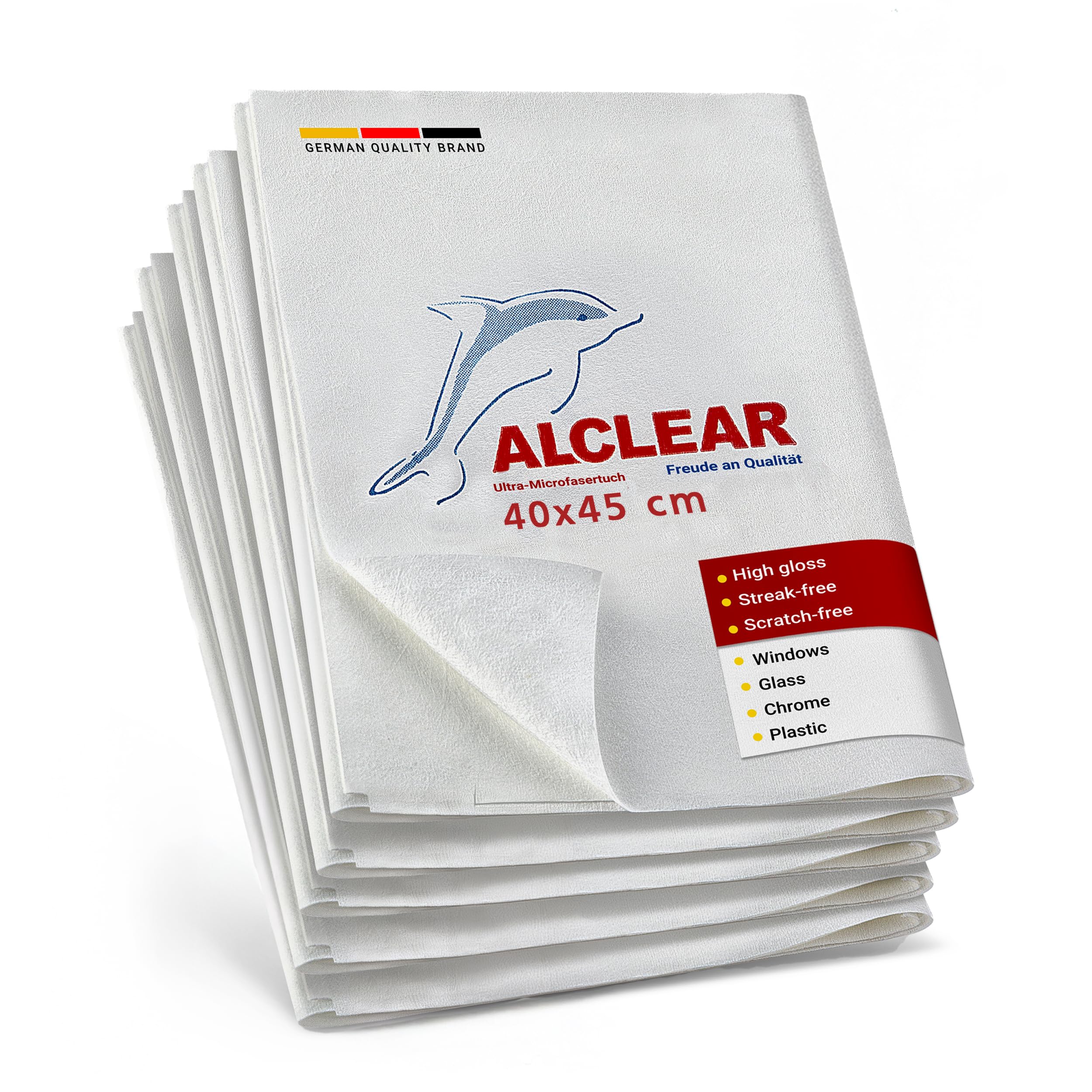 ALCLEAR Microfiber Glass Cloth Set - Pack of 5 Window Cloths 40x45 cm, streak-free glass cloths - lint-free, saves time without drying - designed in Germany - for household & car windows.