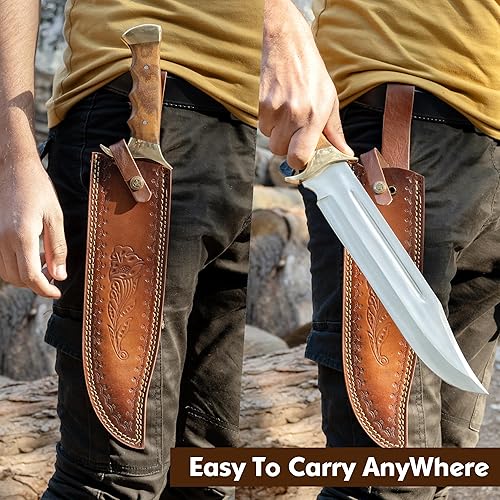 Miniatura 3 de Cuchillo Bowie grande hecho a mano de acero D2 de 18 pulgadas, cuchillo de hoja fija de espiga completa con cuchillo de caza con mango de palisandro