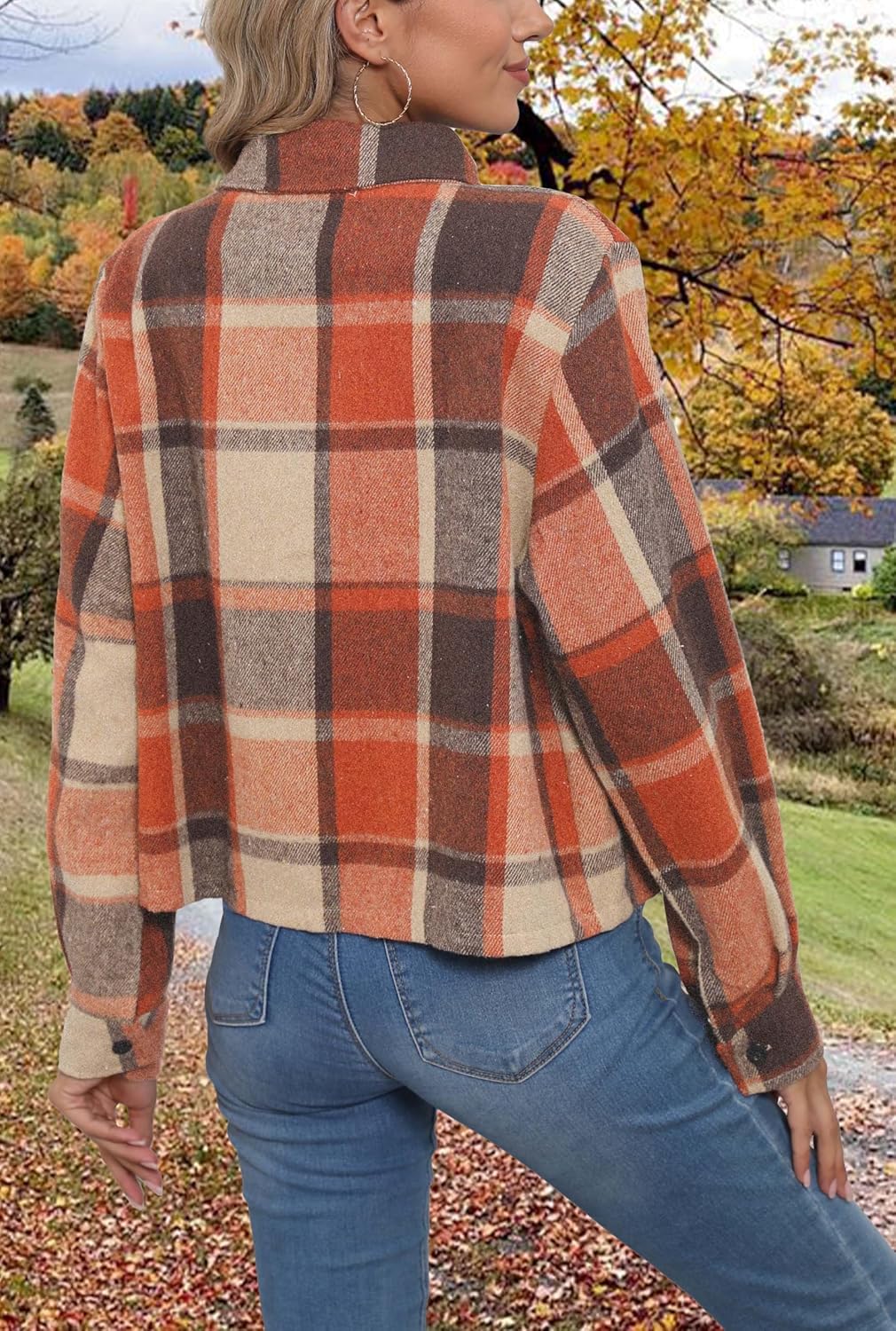 Womens Cropped Flannel Shacket Plaid Button Down Shirts Jackets Long Sleeve Coat Tops Fall Clothes Fashion Outfits - Image 5