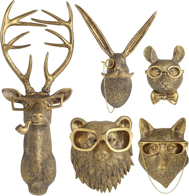 UITWMKTG 5 Pack Animal Head Wall Decor Gold Wall Sculpture Accueil Décor pour le salon Bureau Chambre Moderne Décor Pour Hommes Femmes