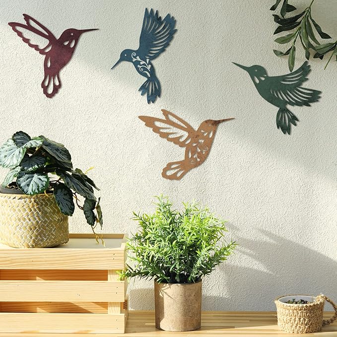 4 Decoraciones de Colibrí Metálicas para Pared, Interior y Exterior miniatura 3