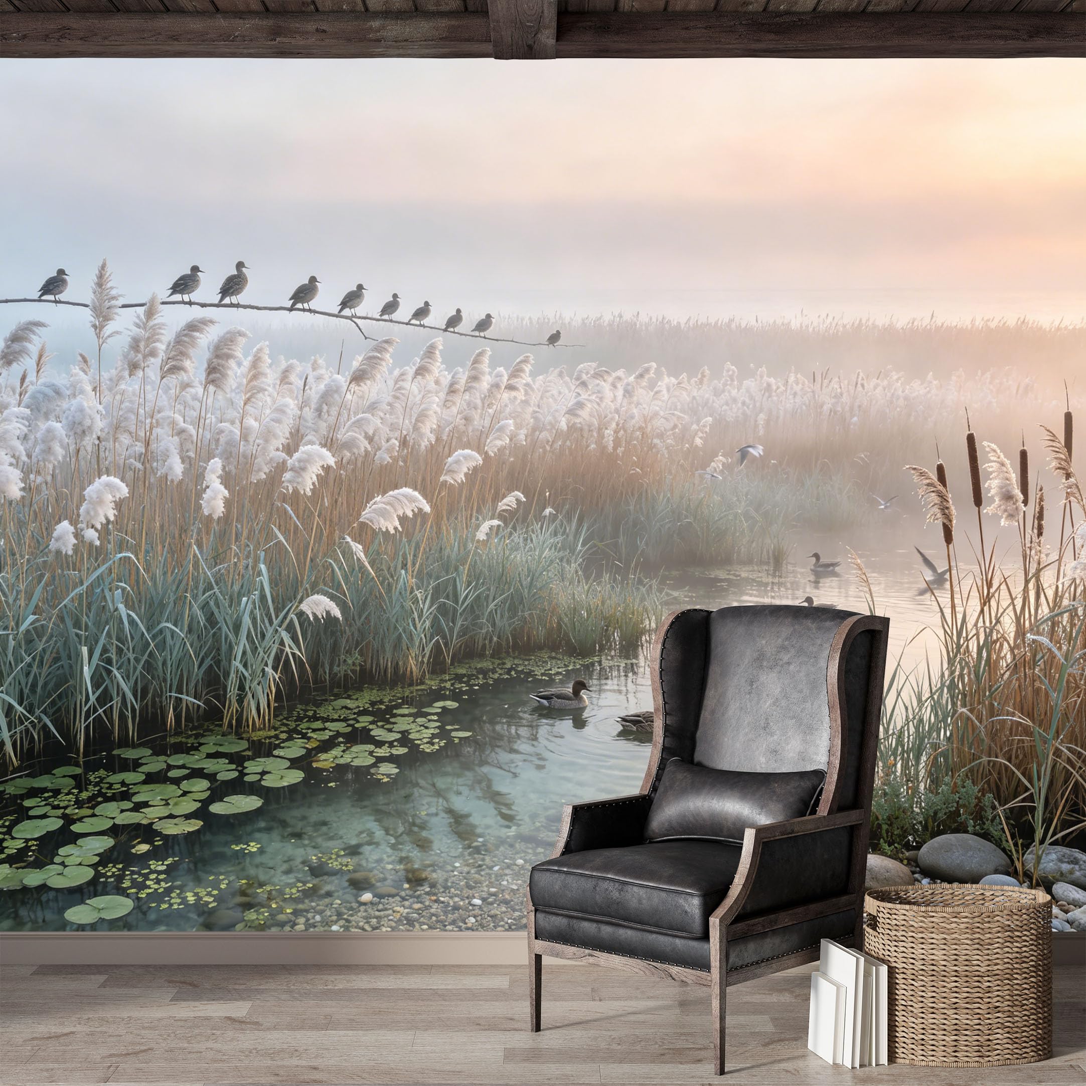 Custom Size Wall Mural,Misty Lakeside Birds and Ducks Landscape Watercolor Premium Water Activated SelfAdhesive Wallpaper,Removable Wall Covering for Indoor Home Decor