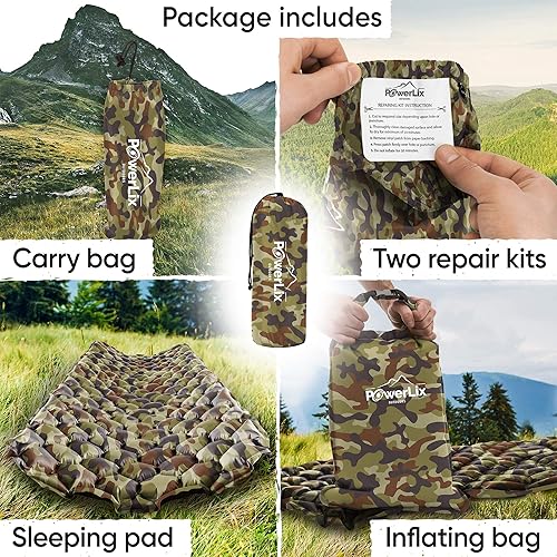 Vista 68 de Powerlix - Colchoneta inflable ultraligera y compacta con bolsa de inflado, bolsa de transporte y kit de reparación, ideal para acampar, mochilero