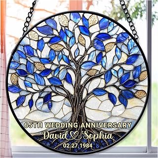 Personalized 65th Wedding Anniversary Window Faux Stained Glass Suncatcher, Wedding Anniversary Keepsake, Sapphire Wedding Anniversary Gift (65 Anniversary)