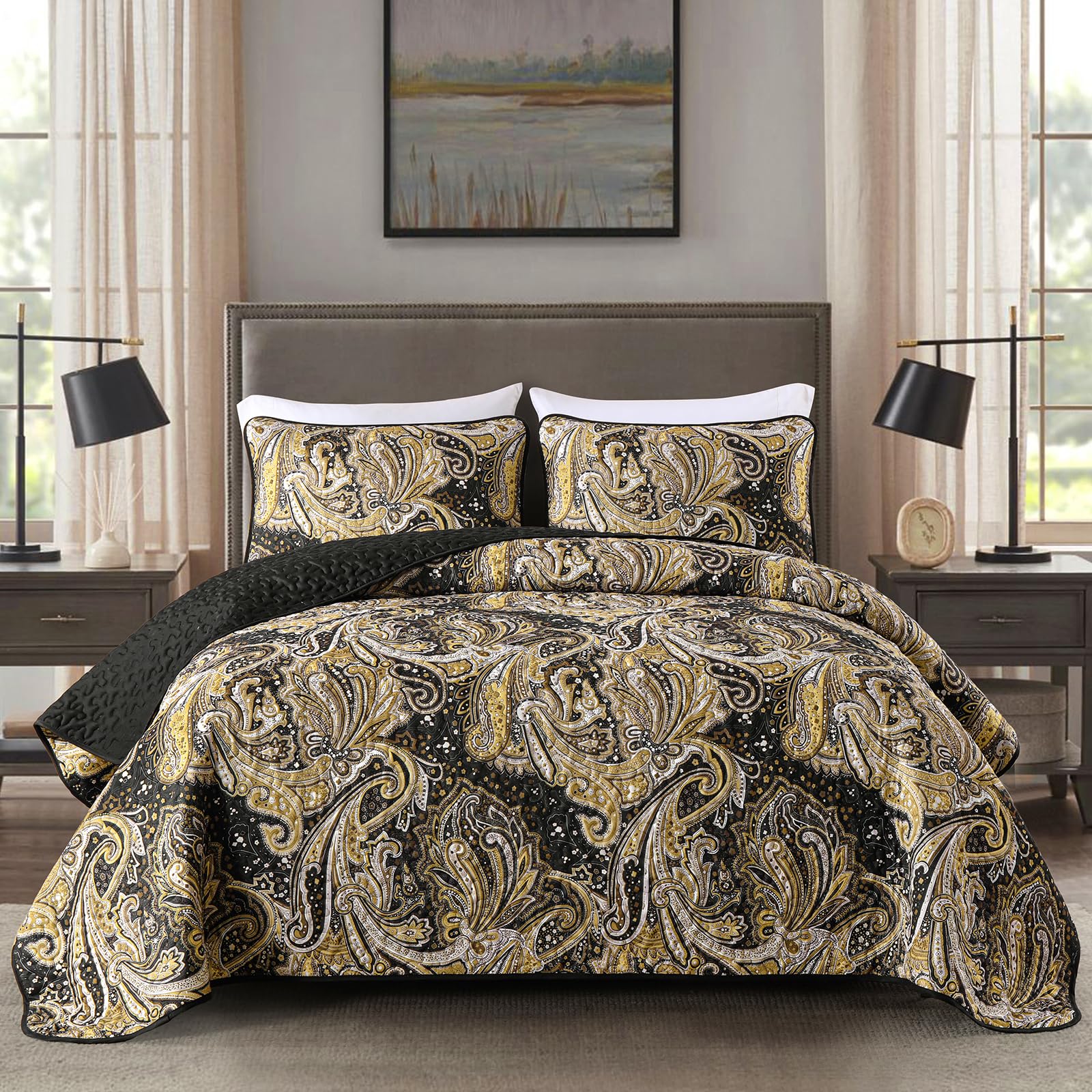 DJY Black Paisley Quilt Set King Black and Gold Boho Bedspread Coverlet Set 3 Pieces, Soft Lightweight Microfiber Paisley Floral Pattern Bedding for All Season, 104"x90"