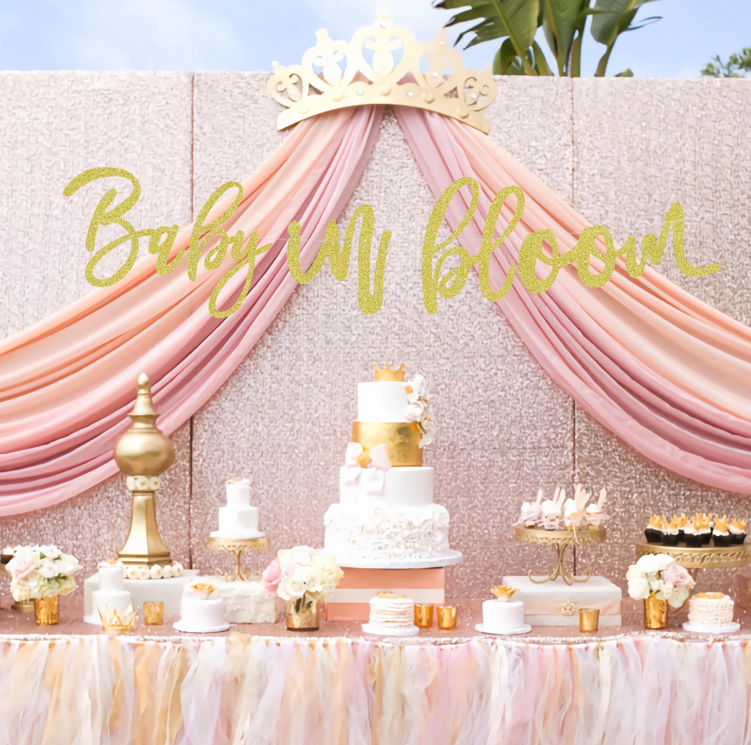 Pancarta preencordada de Baby in Bloom - Decoración de baby shower con purpurina dorada - Decoración de pancarta de baby shower con temática floral, accesorios para cabina de fotos