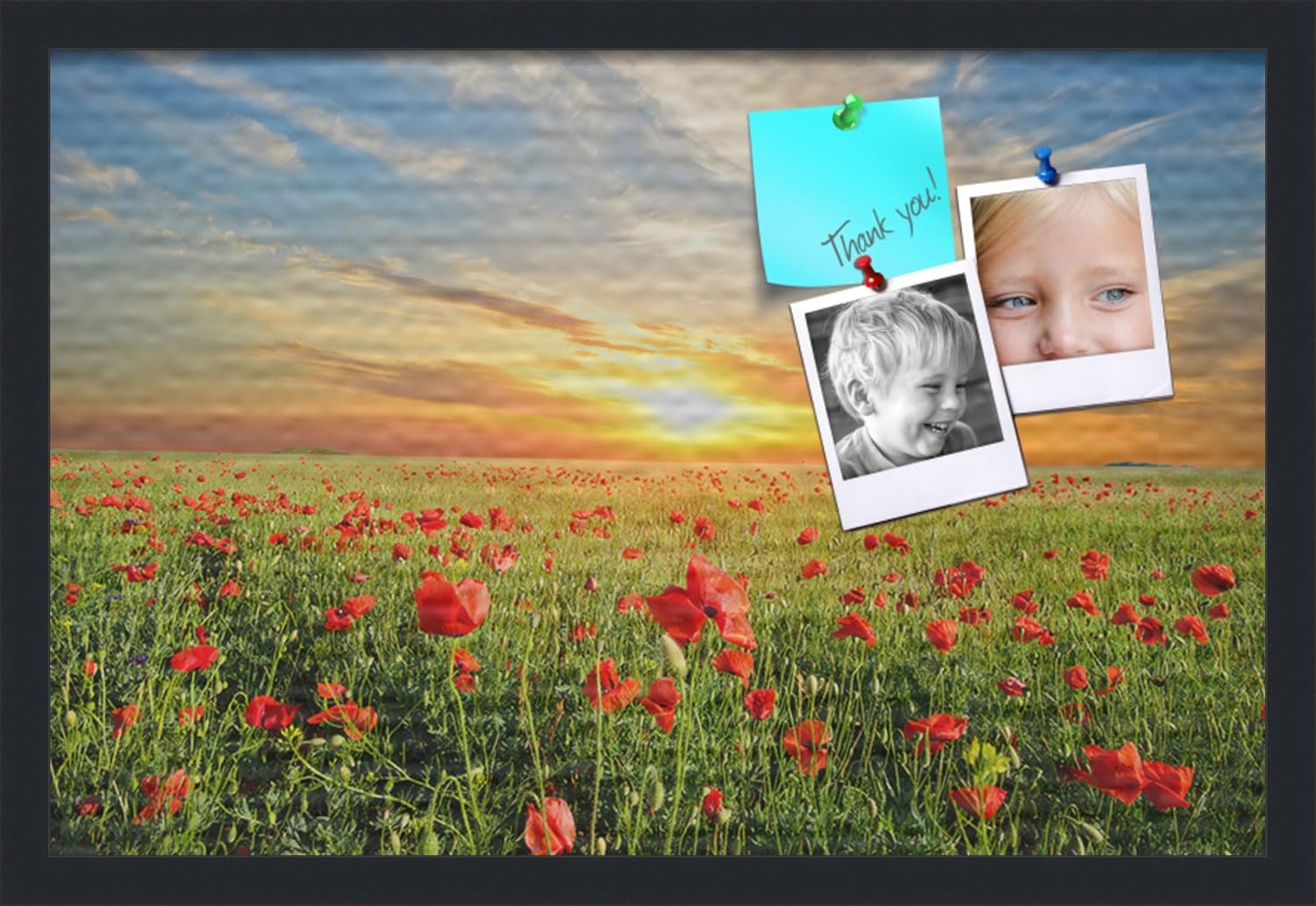 PinPix Custom Printed pin Cork Bulletin Board Made from Canvas, Rose Field Sunset 18 x 12 Inches (Completed Size) and Framed in Classic Mahogany Frame (PinPix-47)