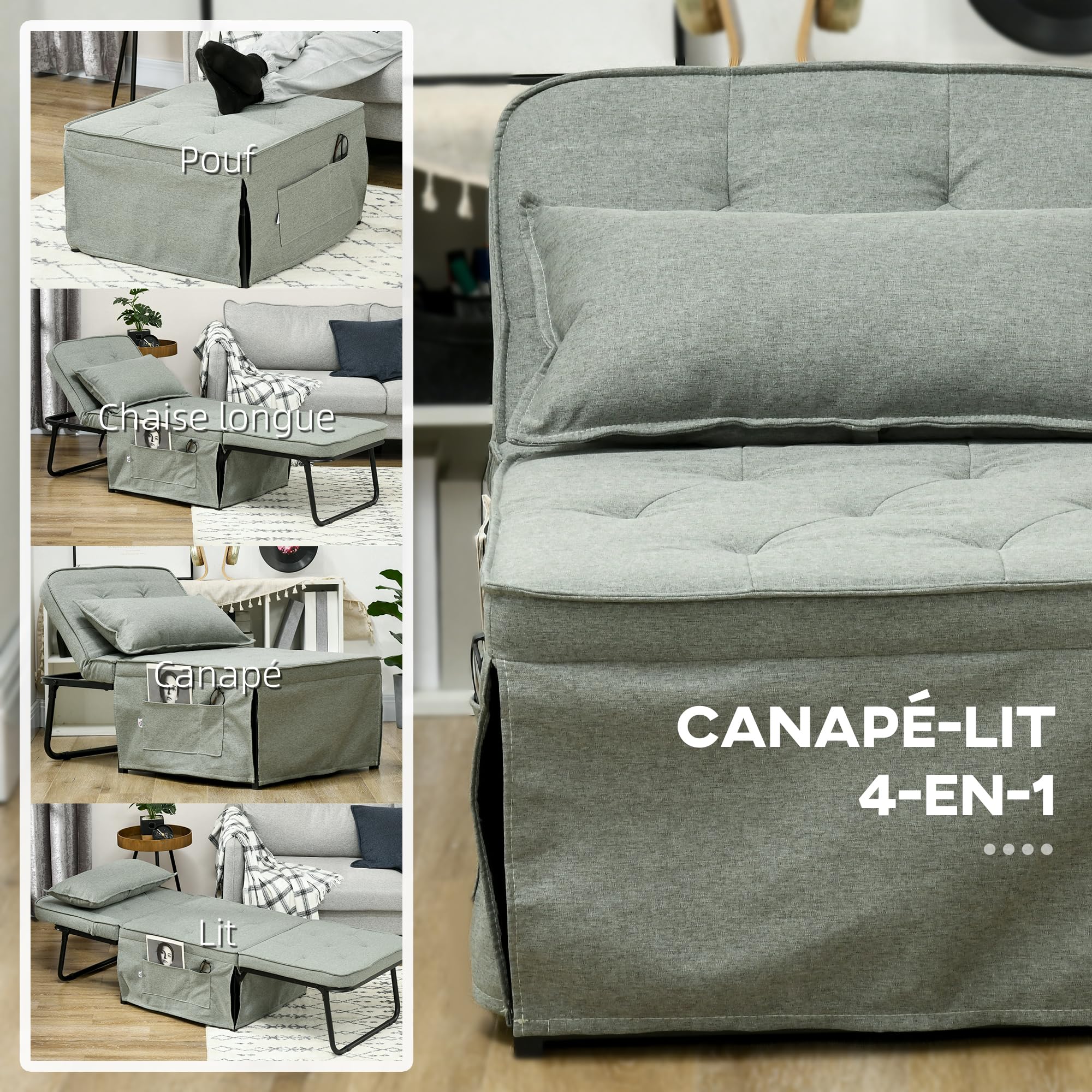 HOMCOM Fauteuil convertible 1 place fauteuil lit chauffeuse chaise longue 4 en 1 avec dossier inclinable 5 niveaux, repose-pied rabattable, coussin amovible et pochettes, pour invités salon gris clair
