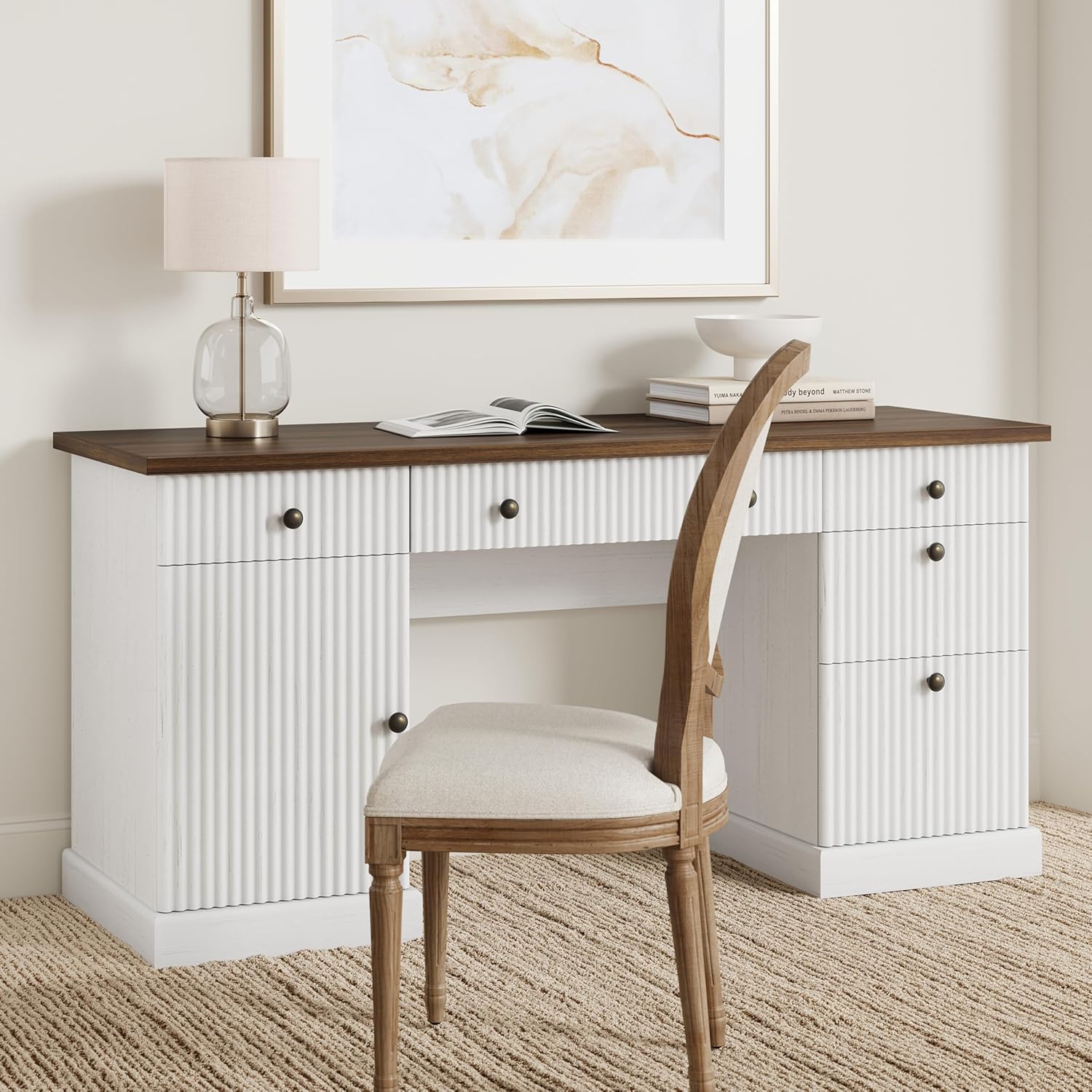 Garvee Fluted Home Office Desk Storage, 60" Modern Executive Desk with Charging Station, Wooden Computer Writing Desk with File Cabinet & Drawers for Study, Living Room, Bedroom-Brown&White
