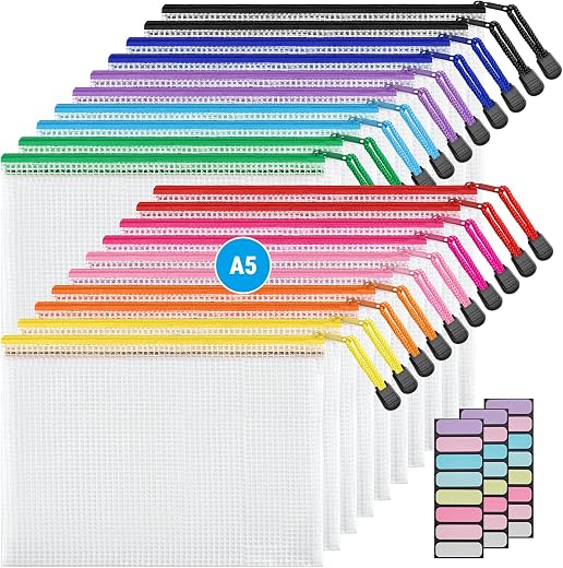 JARLINK 20 Pack 10 Colors Zipper Mesh Document Pouch, 6×9 Inch/A5, Plastic Water-Resistant File Bags, for School Office Supplies, Cosmetics Travel Storage, Assorted Color