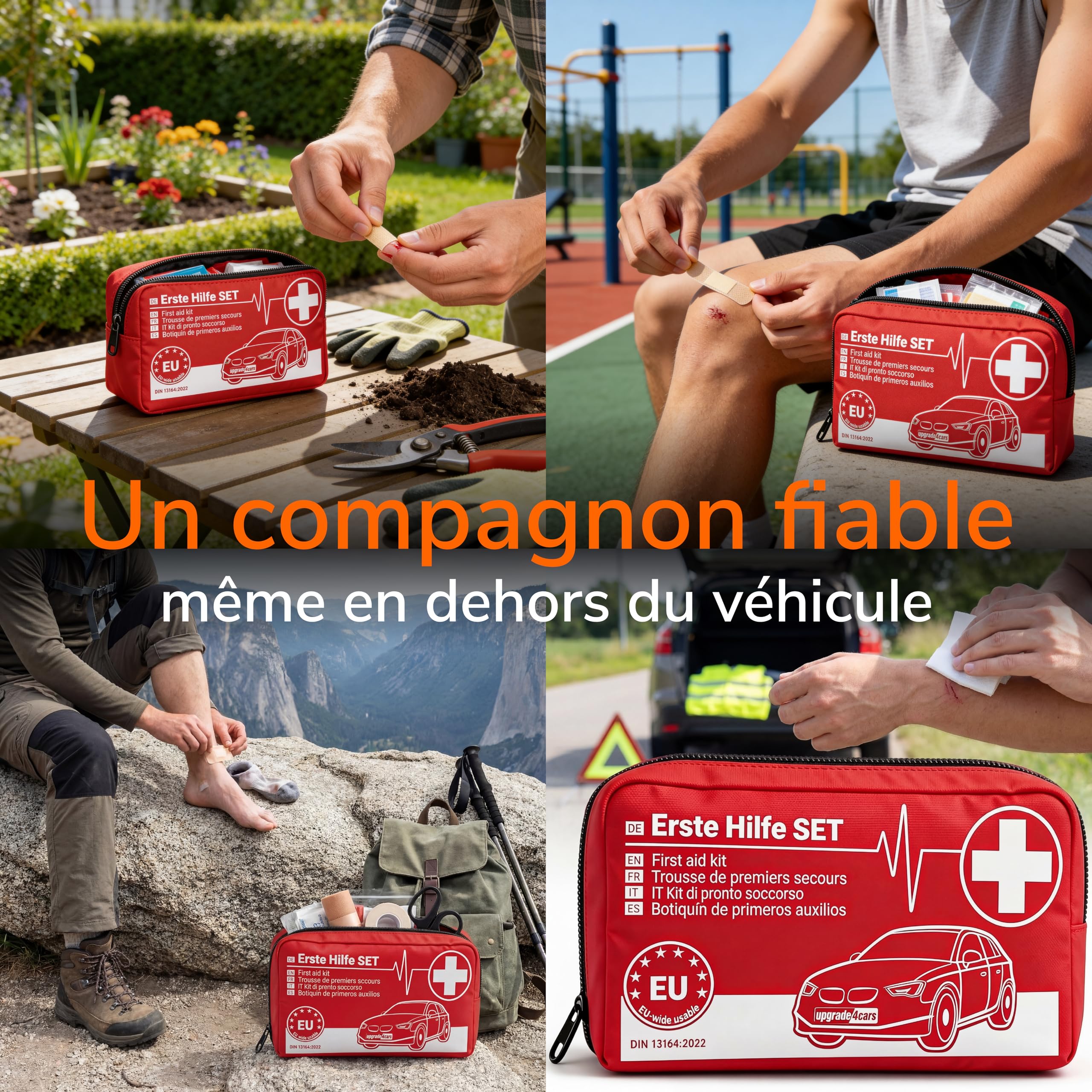 Upgrade4cars Trousse de Secours Auto 2026 DIN 13164 Kit Valable dans Toute l'Europe | Sac de Pansements également pour la Maison & en Déplacement