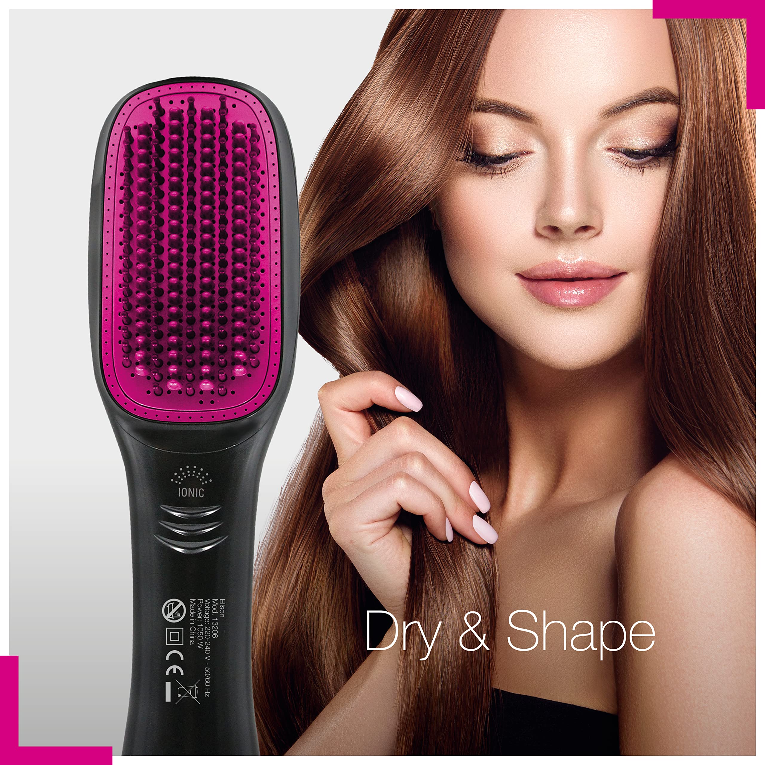 ELISON Cepillo eléctrico alisador de aire integrado, tecnología de iones negativos, 2 tamaños de cerdas, temperatura ajustable, funda blanda incluida, color negro/fucsia