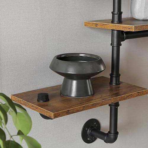 Miniatura 3 de Estantería de tubería industrial, estantes de tubería con tablones de madera, estantes flotantes de esquina montados en la pared, estante industrial
