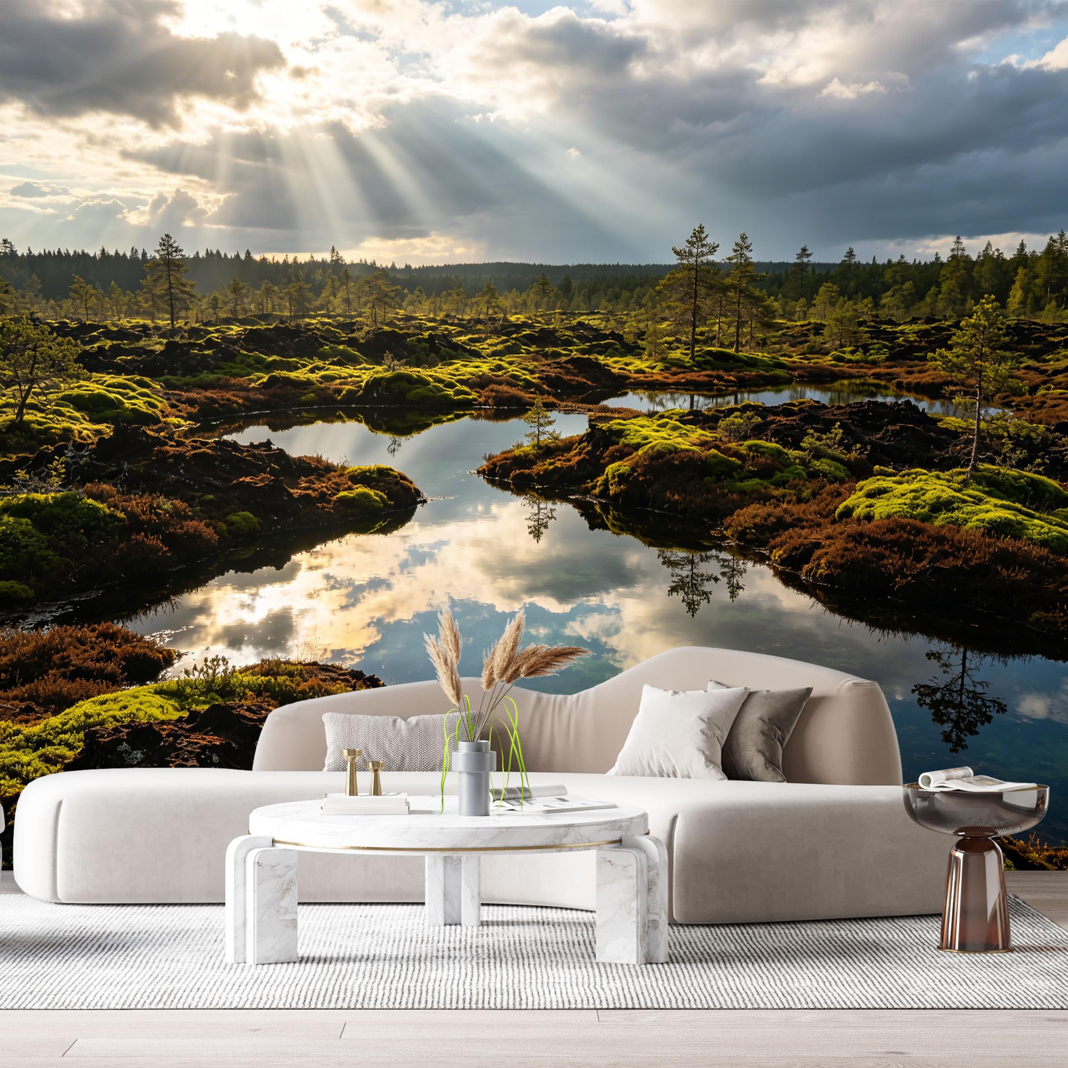 Custom Size Wall Murals Forest Landscape Water Reflection Sunlight Sky Cloud View SelfAdhesive Wall Fabric Removable Large Wallpaper for Photo Living Room
