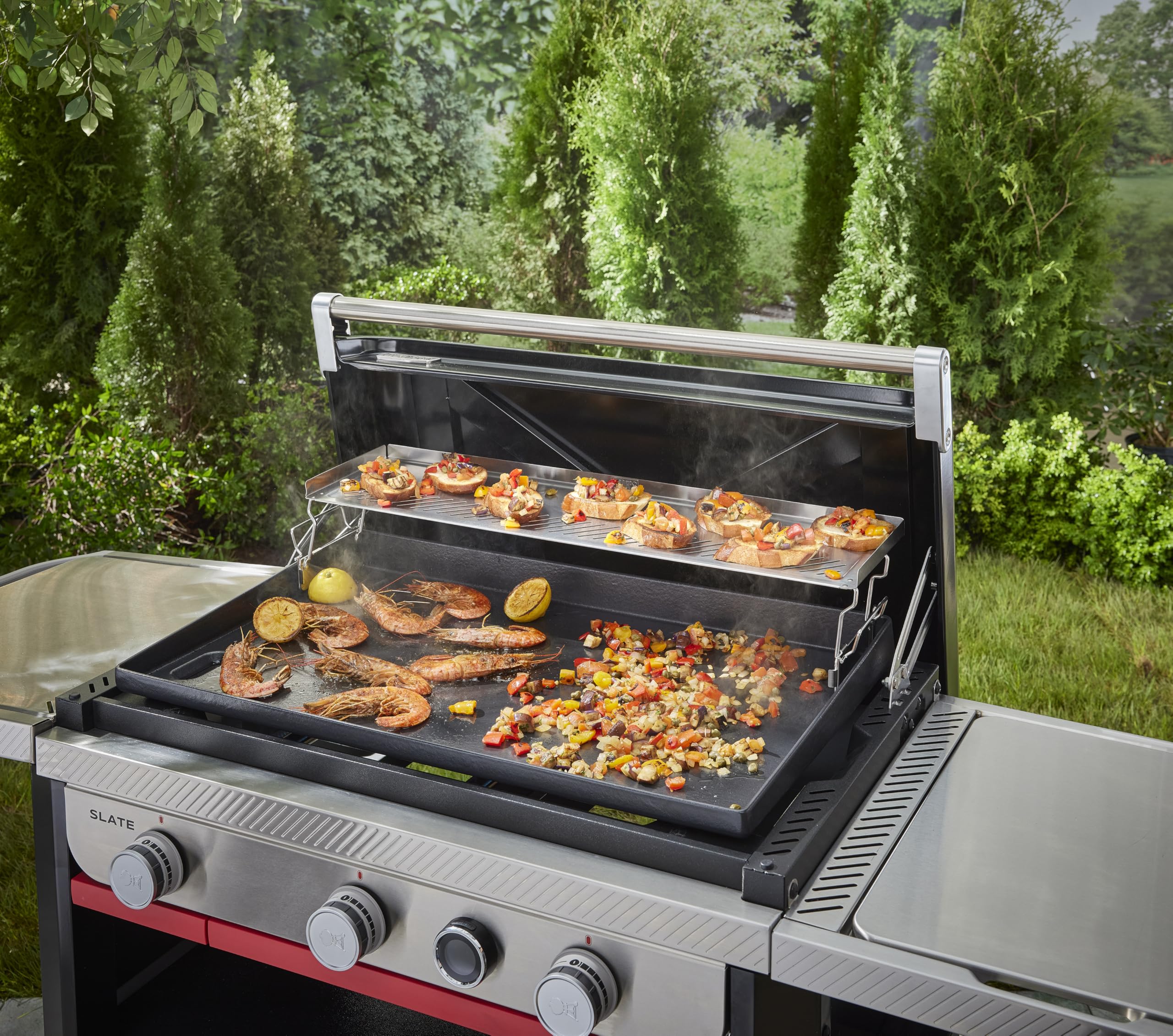 Weber Griglia di riscaldamento a due livelli / per piastra Weber Slate 76 cm, accessorio in acciaio inossidabile con bordi rialzati e fessure strette, lavabile solo a mano, dim. 7,4x22,5x78 cm