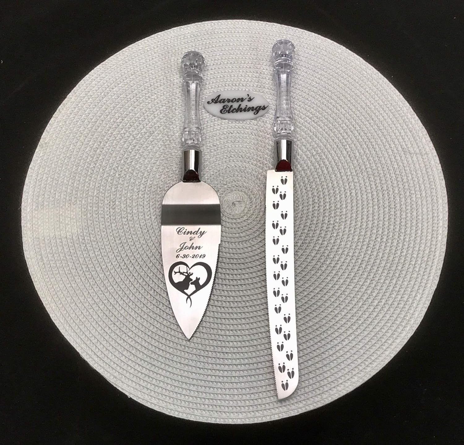 Elk Heart Engraved Wedding Cake Knife/Server Set with Names and Date