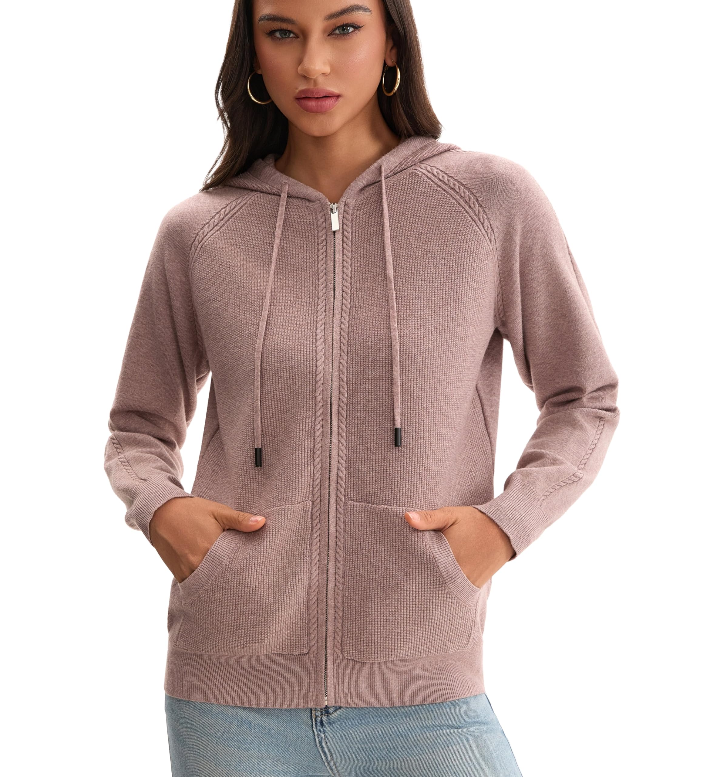 Froggirl Womens Zip Up Knit Hoodie Sweater with Drawstring Long Sleeve Loose fit Cardigan Jacket with Front Pockets
