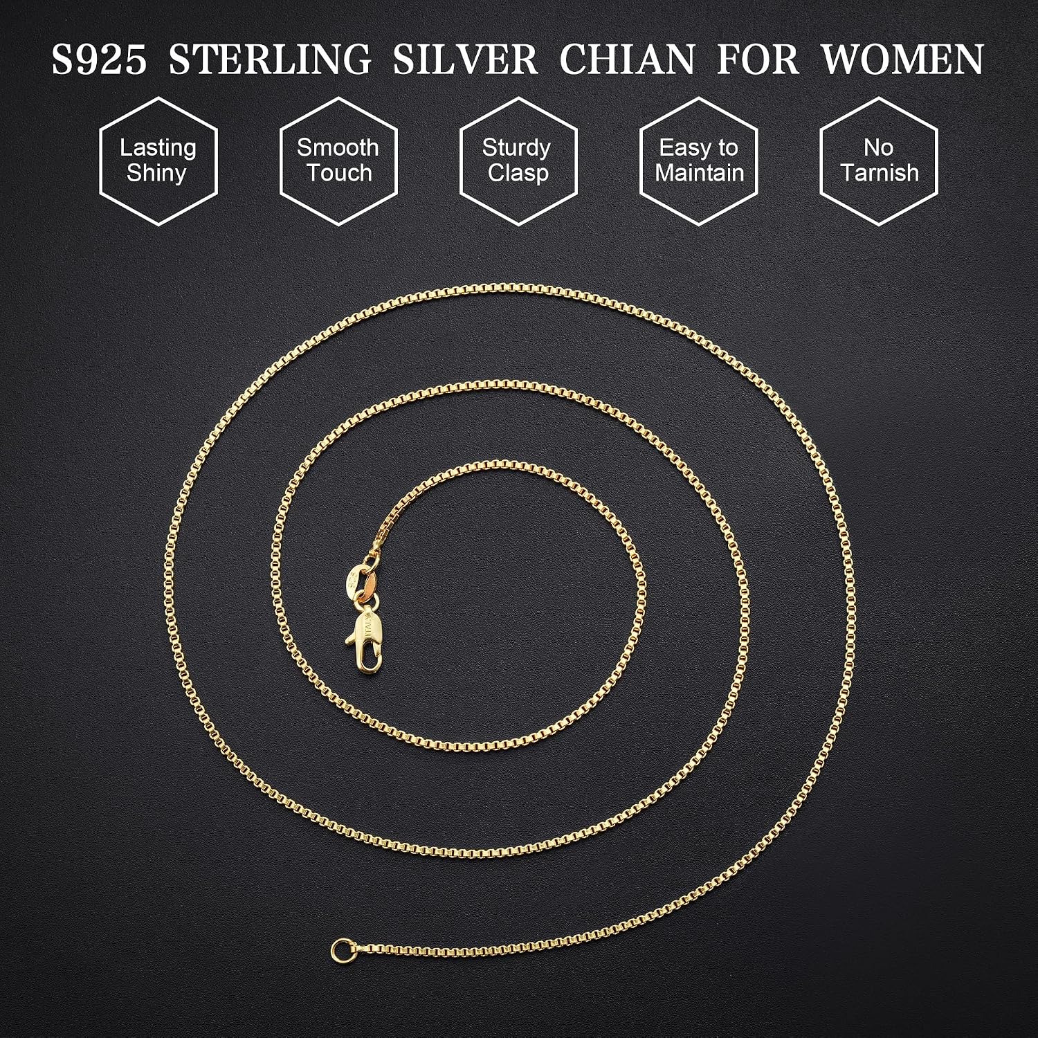 18K Gold Plated 925 Sterling Silver Chain for Women, 1mm Box Chain Dainty Gold Necklace Jewelry Gifts for Women Mom Girlfriend