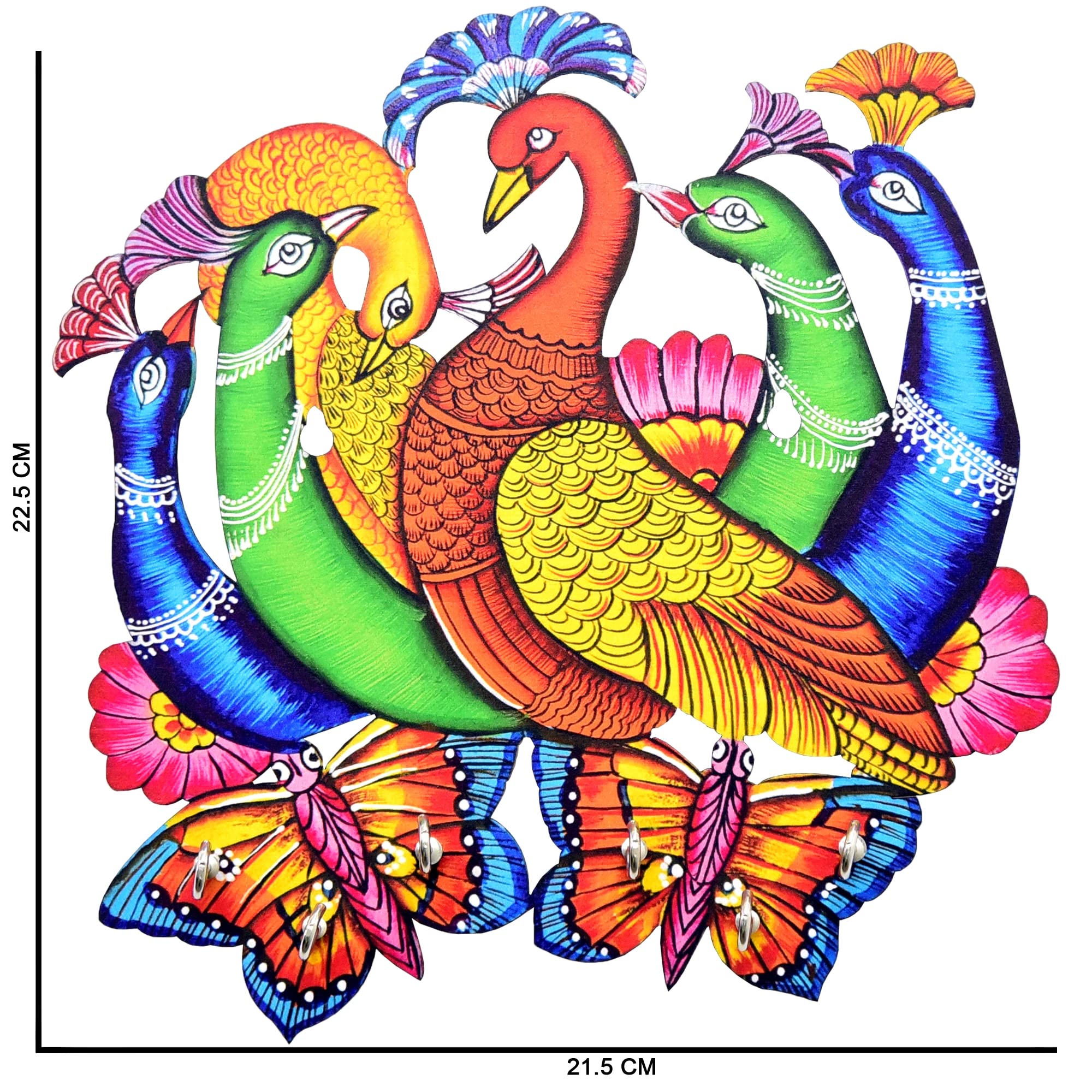 Webelkart Wysokiej jakości drewniany uchwyt na klucze z nadrukiem "Peacock Family" do dekoracji biura i biura | uchwyt na klucze do domu | paw uchwyt na klucze do domu (22,5 cm, 6 haczyków)