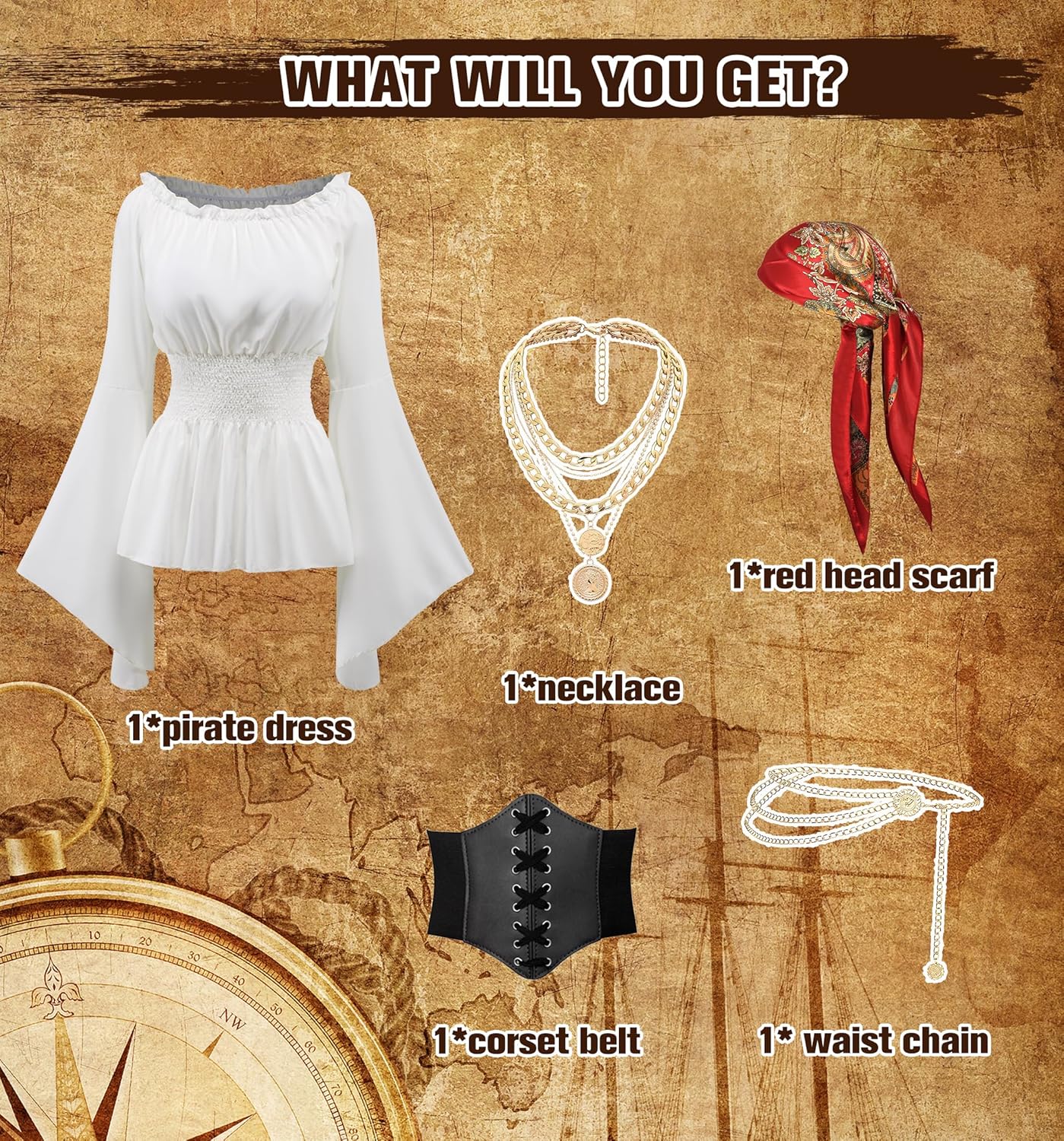 Pirate Costume Women Dress White Pirate Dress with Corset Necklace Bandana Headscarf Accessories - Image 3