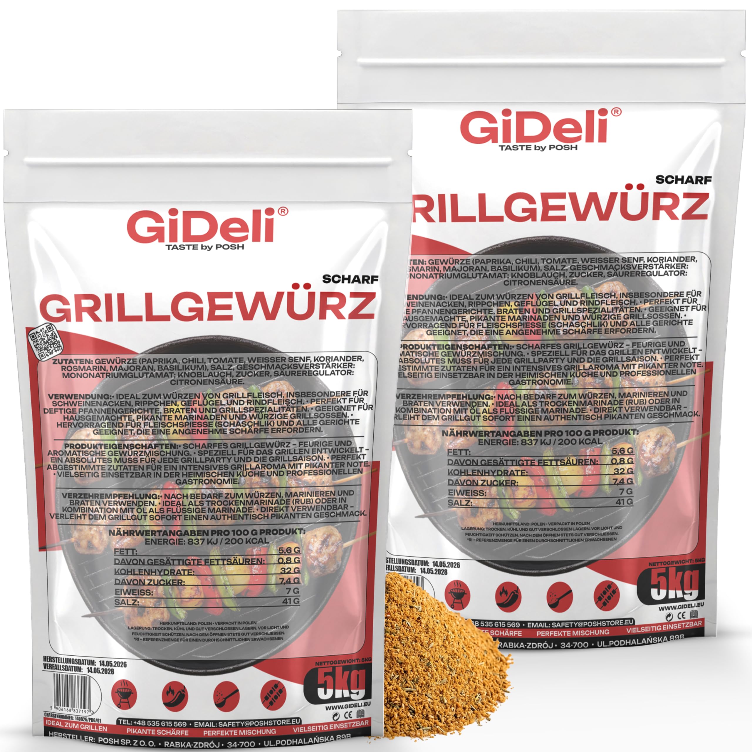 GiDeli Grillgewürz Scharf 2x5kg - Feurige & Aromatische Gewürzmischung für den Grill - Ideal für Schweinenacken, Rippchen, Geflügel & Schaschlik - Trockenmarinade & Rub - Sofort Einsatzbereit