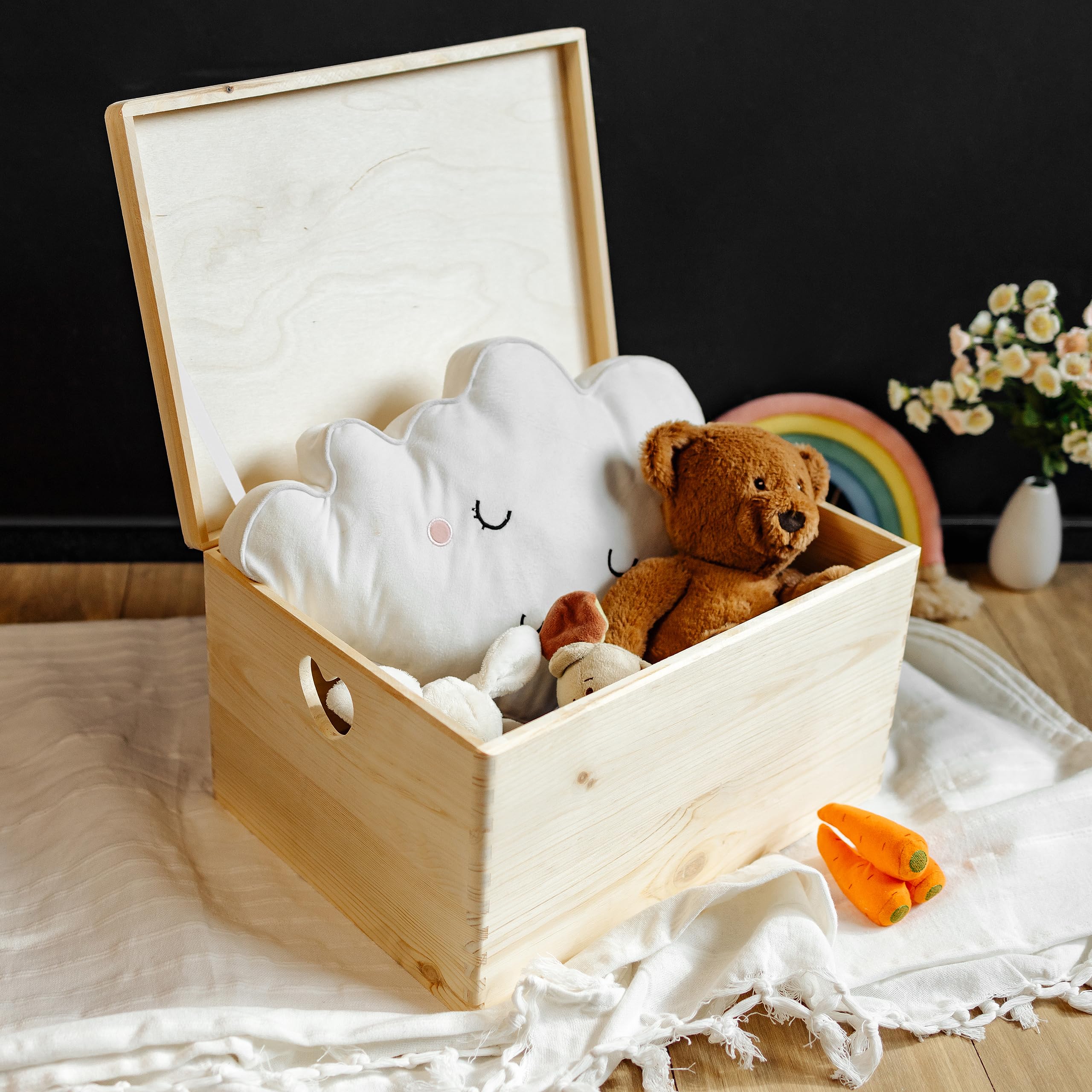 Creative Deco XXL Grande Boîte en Bois avec Couvercle à Décorer | 40 x 30 x 24 cm (+/- 1cm) | Non peint | Poignées Forme de Cœur | Boîte en Bois pour Jouets, Outils | BRUT & NON PONCÉ