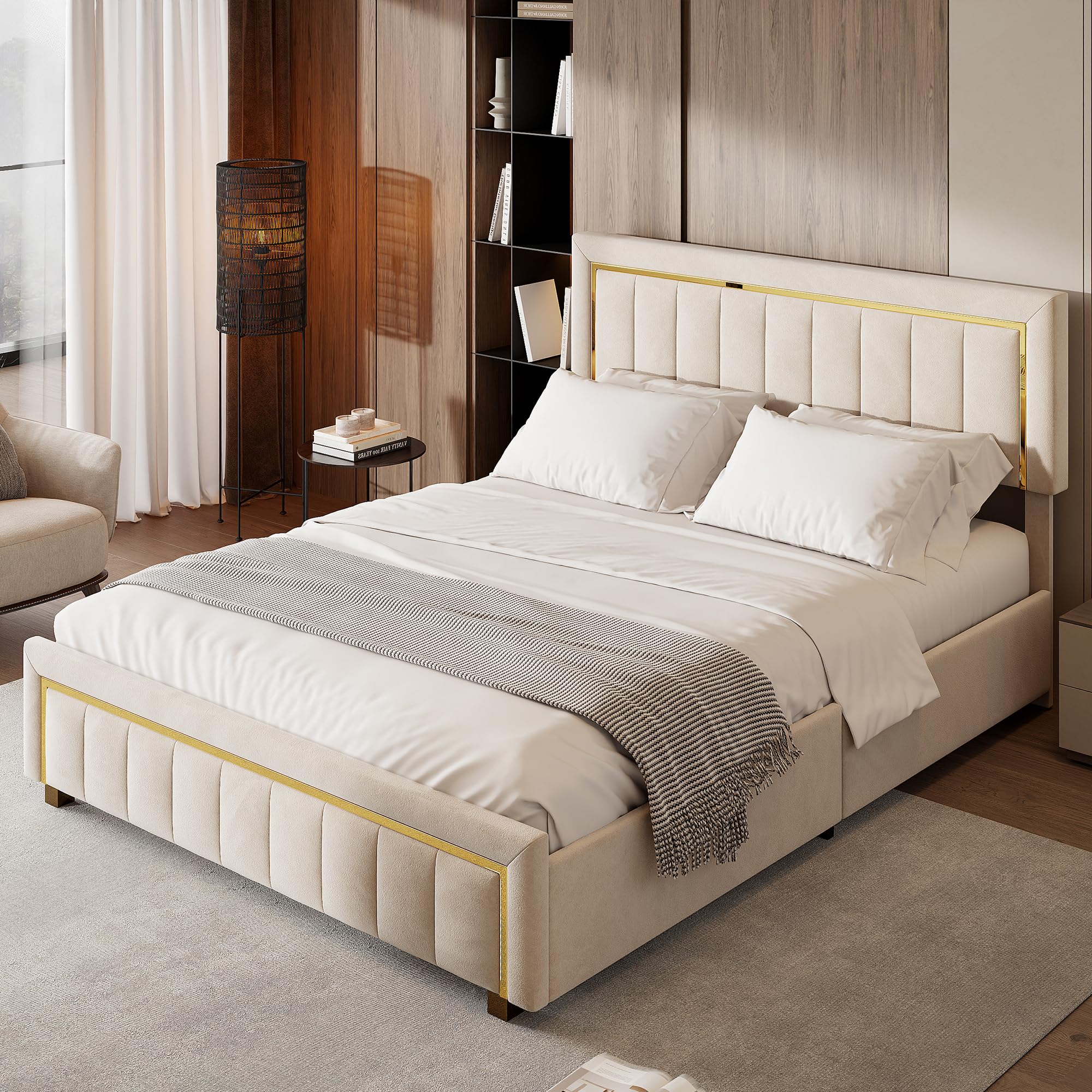 LIVLUX Lit Coffre 140x200 avec Sommier,Lit Double rembourré avec hydraulique Rangement et Tête de lit,Lit 2 Personnes pour Adultes et Adolescents,Velours (Beige A, 140 x 200 cm)