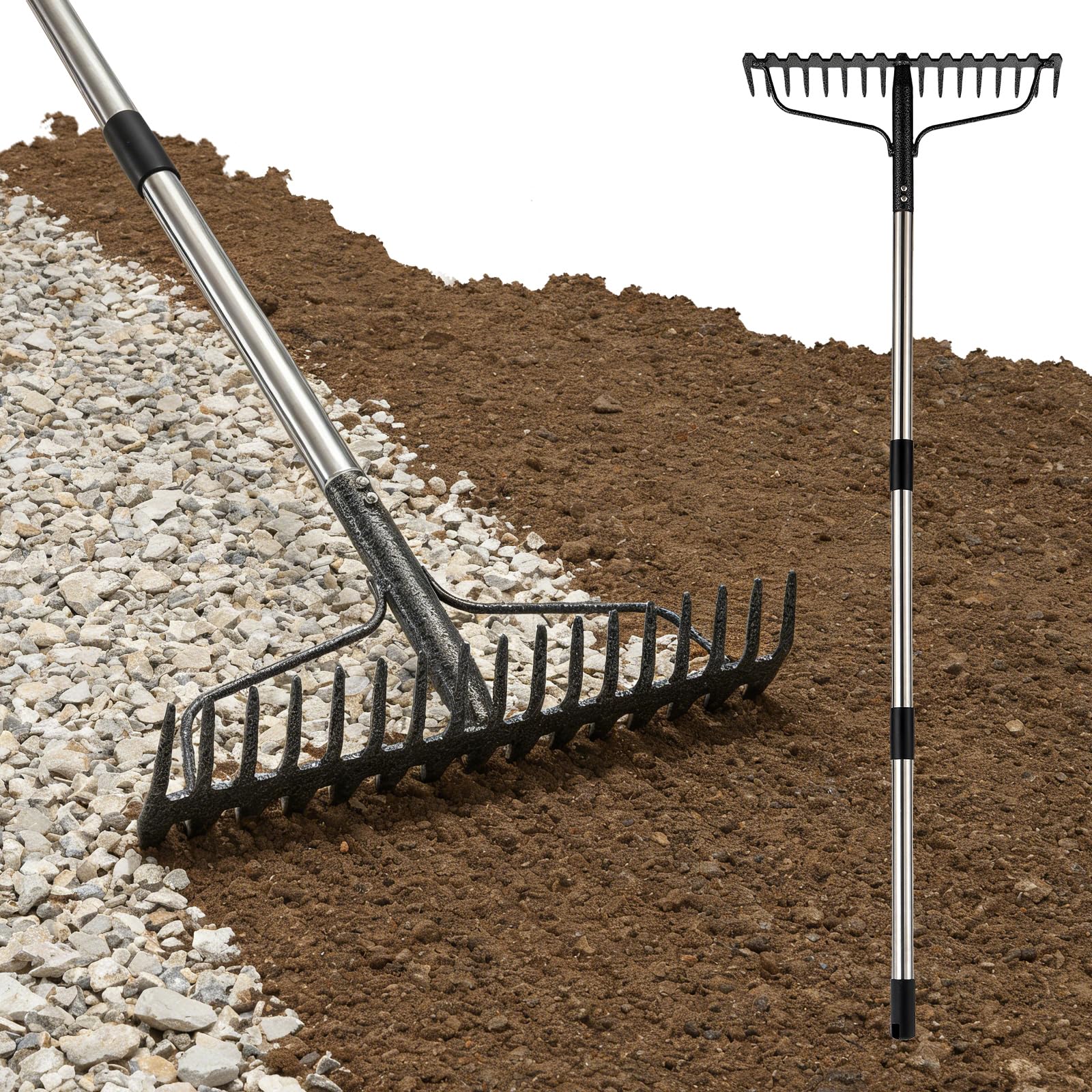 SOHNVWTGD Rake, 17 Tines with 49 Inch Handle, 17 Inch Wide Heavy Duty Garden Thatch Leaf Rake for Raking Leaf Loosening Soil Gathering Mulch Leveling Rocks, Rustproof Metal Bow Rakes for Leaves Grass