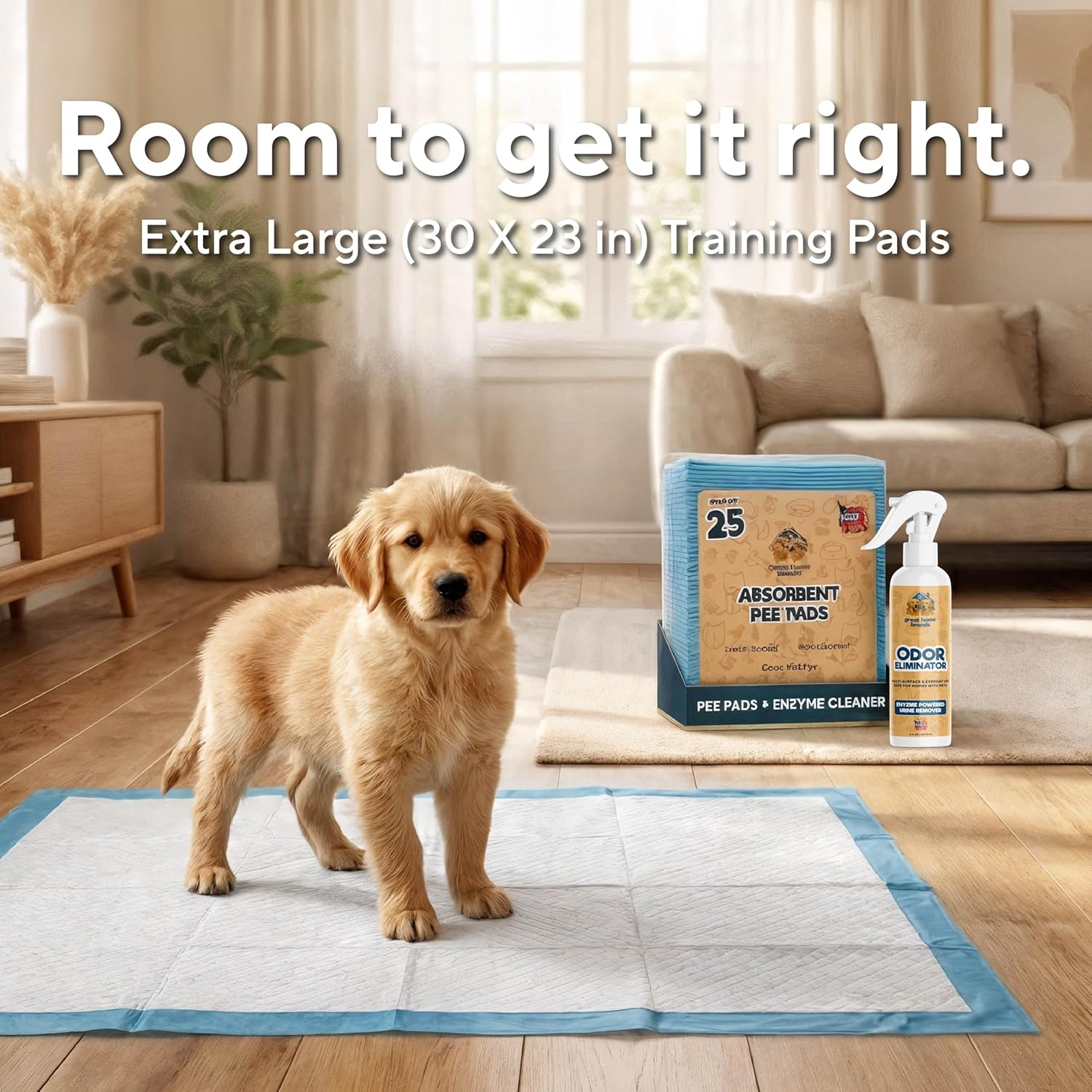 Extra Large Pee Pads for Dogs 30x23 in, 25 Count | Super Absorbent Multilayer Leak Proof Design | Quick Dry Top Layer | Includes Pet Urine Enzyme Cleaner | Disposable Potty Training Mat