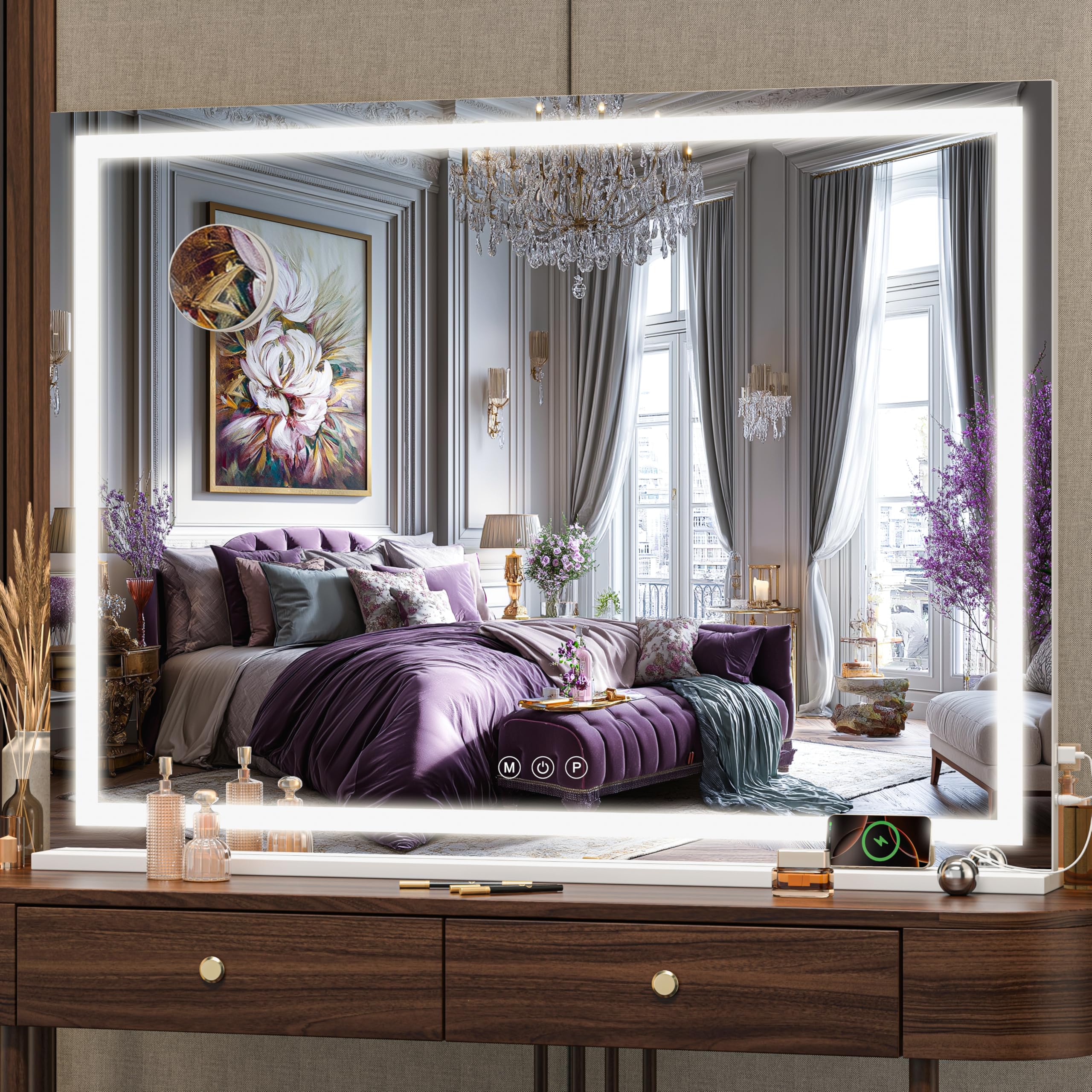 Photo 1 of Hasipu Vanity Mirror with Lights, 32" x 24" LED Makeup Mirror, Lighted Makeup Mirror with Dimmable 3 Modes, Touch Screen Control Vanity Mirror Square White