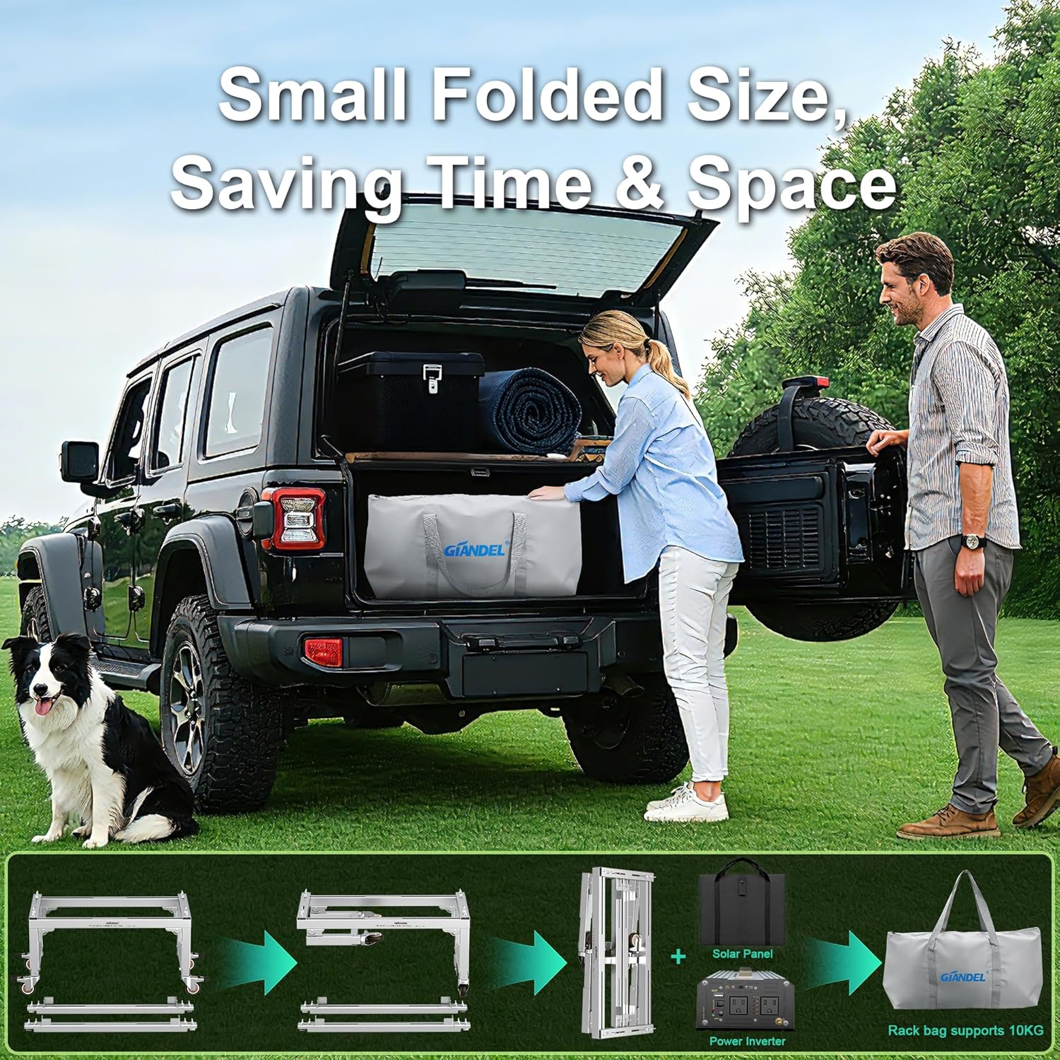 GIANDEL Solar Kits Includes 150 Watt Solar Panel Foldable,1200 Watt Solar Inverter with 20A PWM Solar Charge Controller,Battery Storage Rack,Portable for Outdoor Usage,Camping, Off Grid Solar System