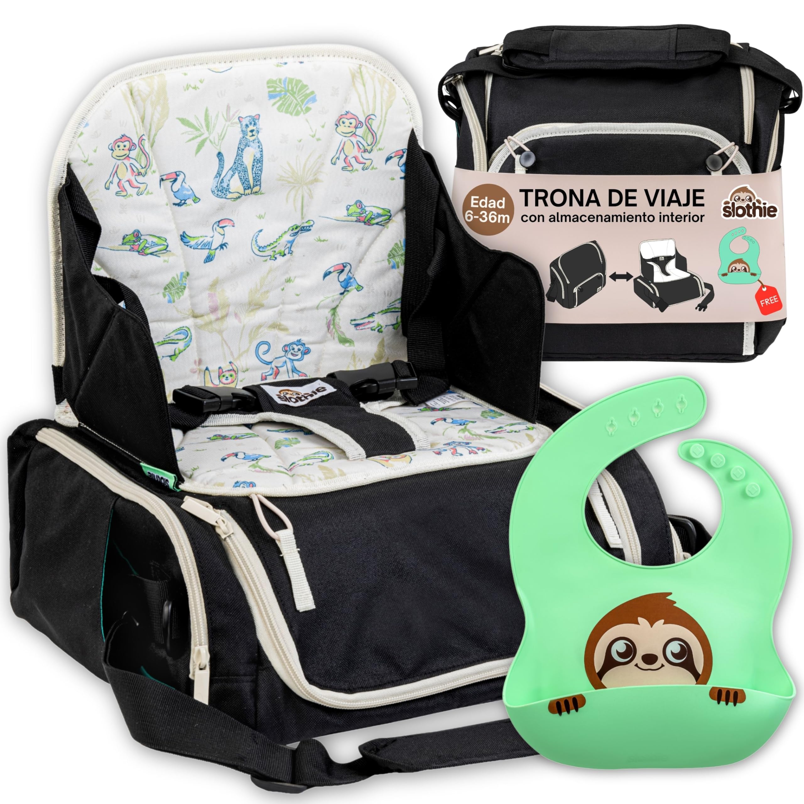 Slothie Trona Portátil para Bebé – Trona de Viaje Portátil para Comer, Asiento Elevador Plegable con Almacenamiento, Incluye Colgador Carrito y Babero de Silicona