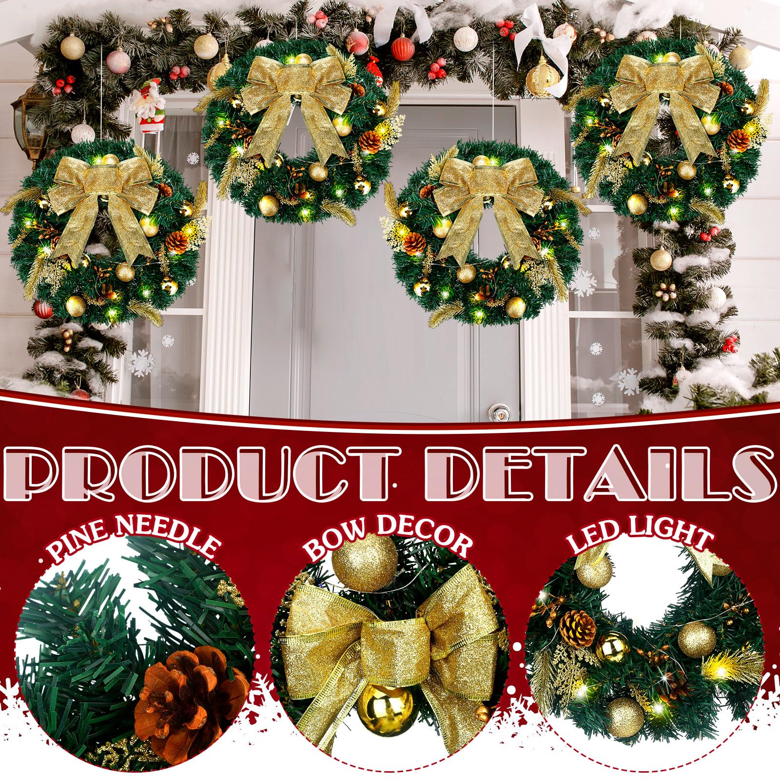Hotop 4Pcs 14 Inch 80 LED Christmas Wreath for Door Battery Operated Gold Bow Christmas Wreath with Lights Remote Timer Pine Cones Cypress Leaves Ball Glitter Xmas Decor Indoor Outdoor