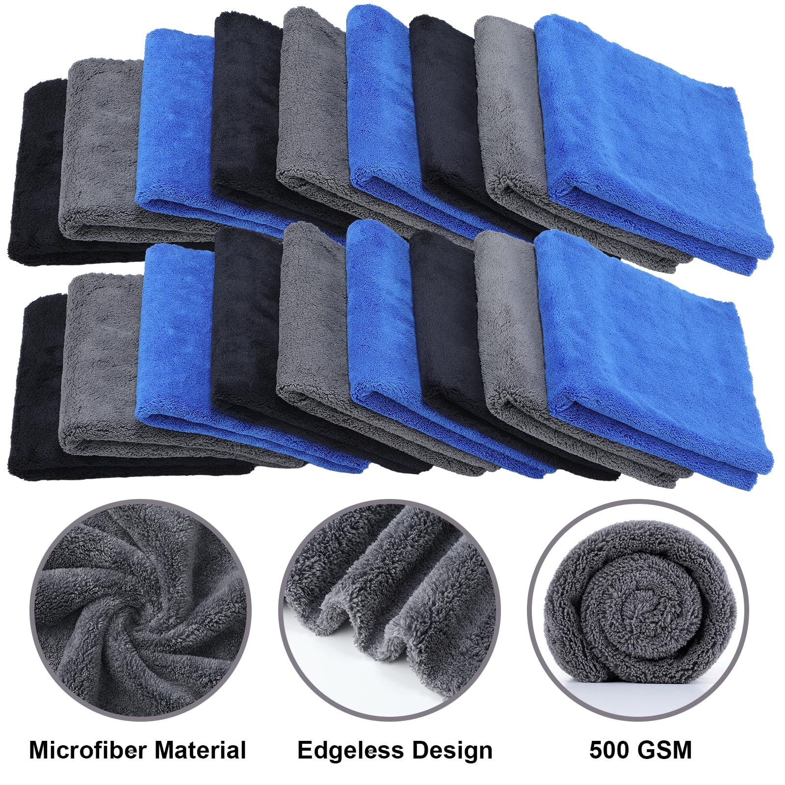 Shimeyao 20 Stück 40,6 x 40,6 cm randlose Mikrofaser-Plüsch-Handtücher für Autos, Details, Trocknen, Waschen, Polieren, saugfähige Reinigungstücher, 500 g/m² (Blau, Schwarz, Grau)