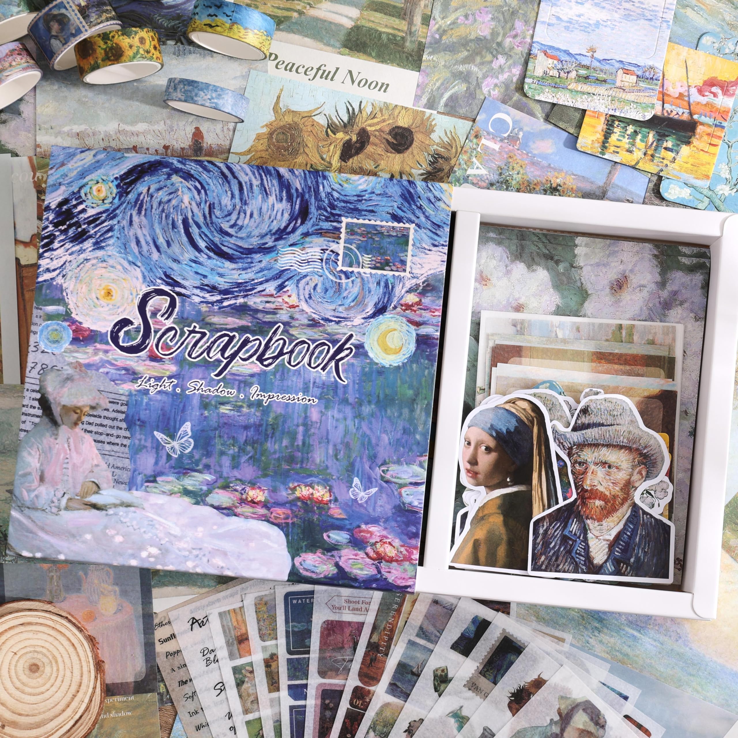 Kit di forniture per scrapbooking, Monet Van Gogh, kit per album di ritagli a tema pittura a olio per bullet junk, 12 rotoli di nastro Washi, fogli adesivi per forniture di diario fai da te, regalo