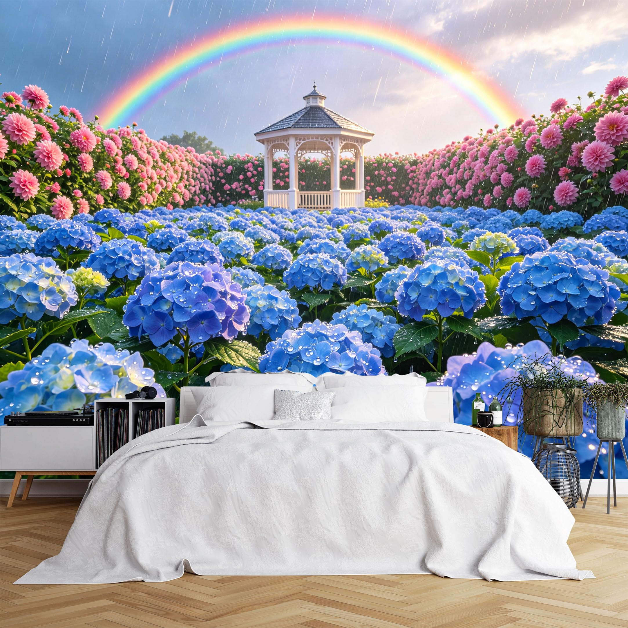 Lcythiazole Ch260615193 Custom Size Wall Murals Hydrangea Peony Garden Rainbow Rain Hd Self-Adhesive Wall Fabric (No Pvc) Removable Wallpaper For Bedroom Decor