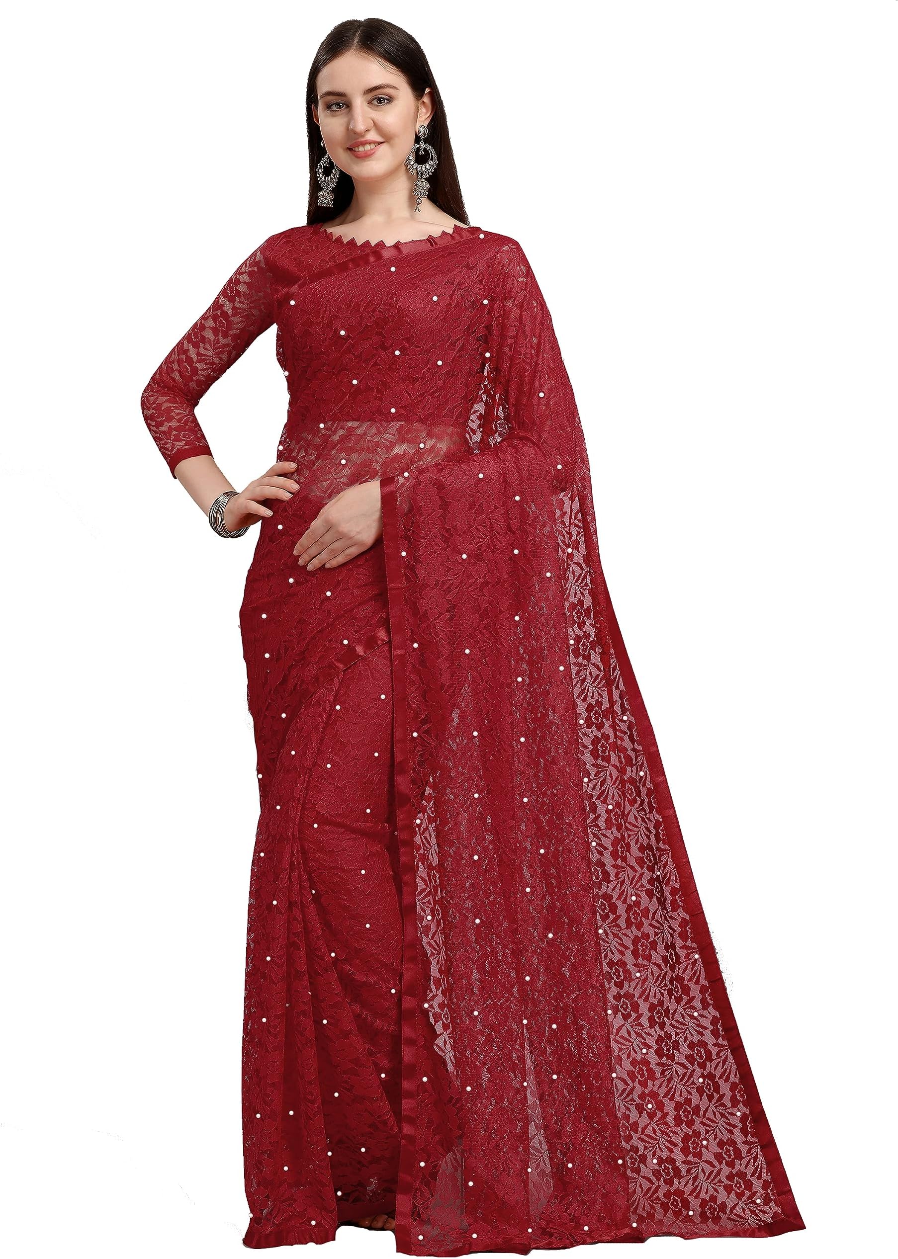 Lorofy Women's Net Saree With Blouse (Maroon)