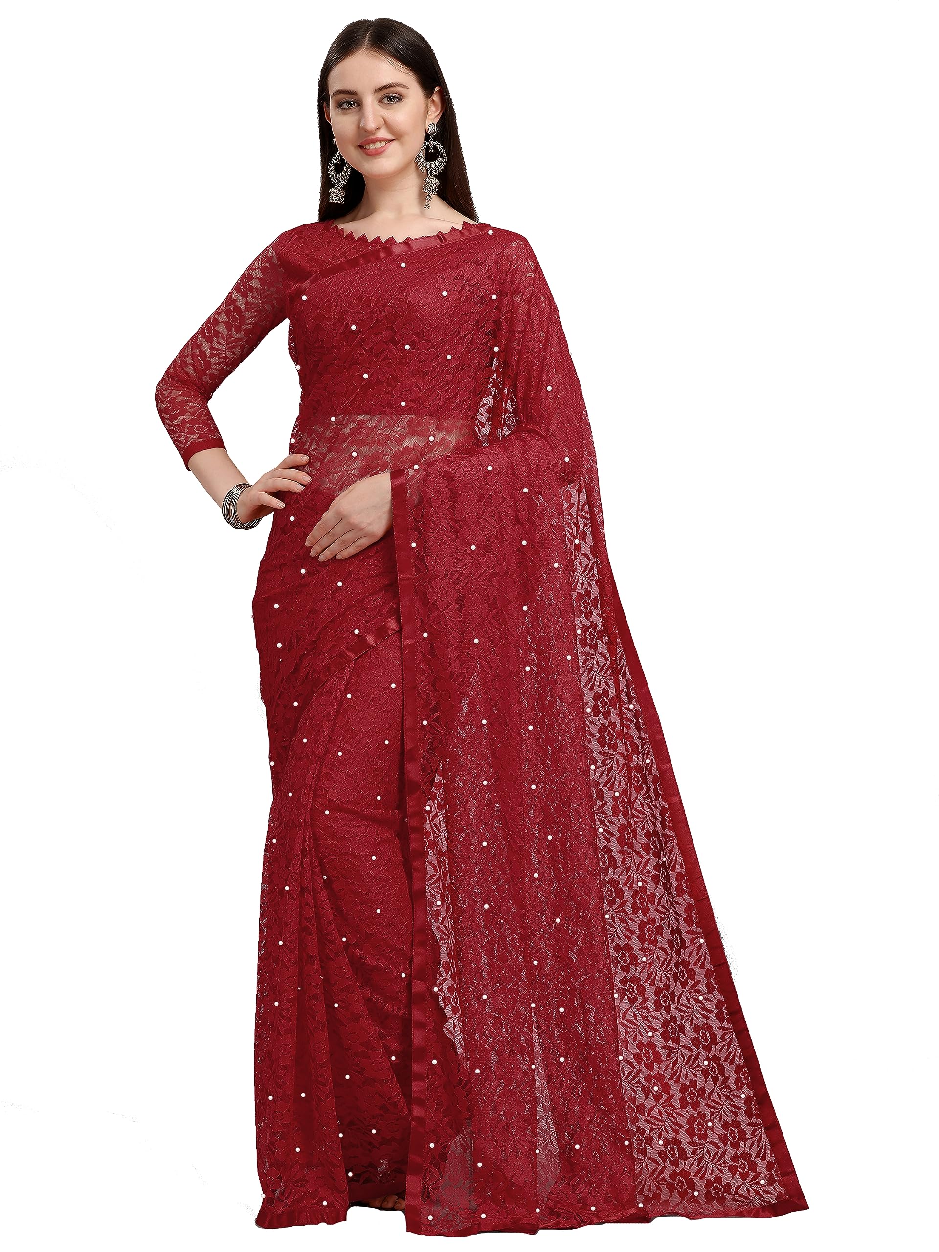 GenericLorofy Women's Net Saree With Blouse (Maroon)
