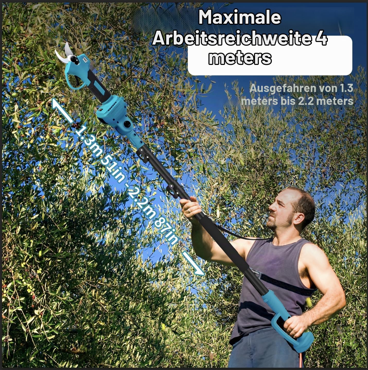 Akku Teleskop Astschere Profi Set 180° schwenkbarer Schneidkopf | 2X 2000mAh Li-Ion Akku inkl. Schultergurt, Handschuhe, Schutzbrille Zubehör für Obstbaum und Gartenbau
