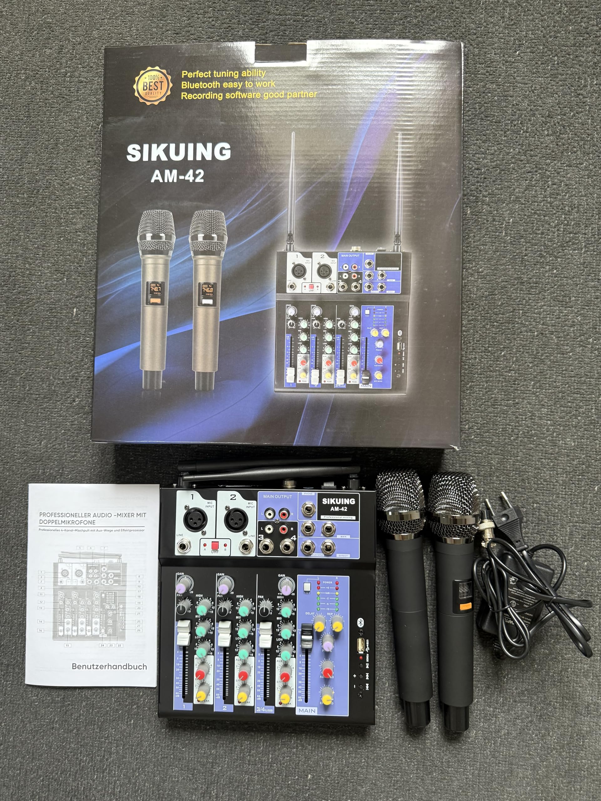 Audio-Mixer mit 2 drahtlosen Mikrofonen,4-Kanal professionelles DJ-Mischpult Soundboard mit Bluetooth/USB,48V Phantomspeisung,kompatibel mit Computer,Karaoke,Party,Meeting,Studio Aufnahme