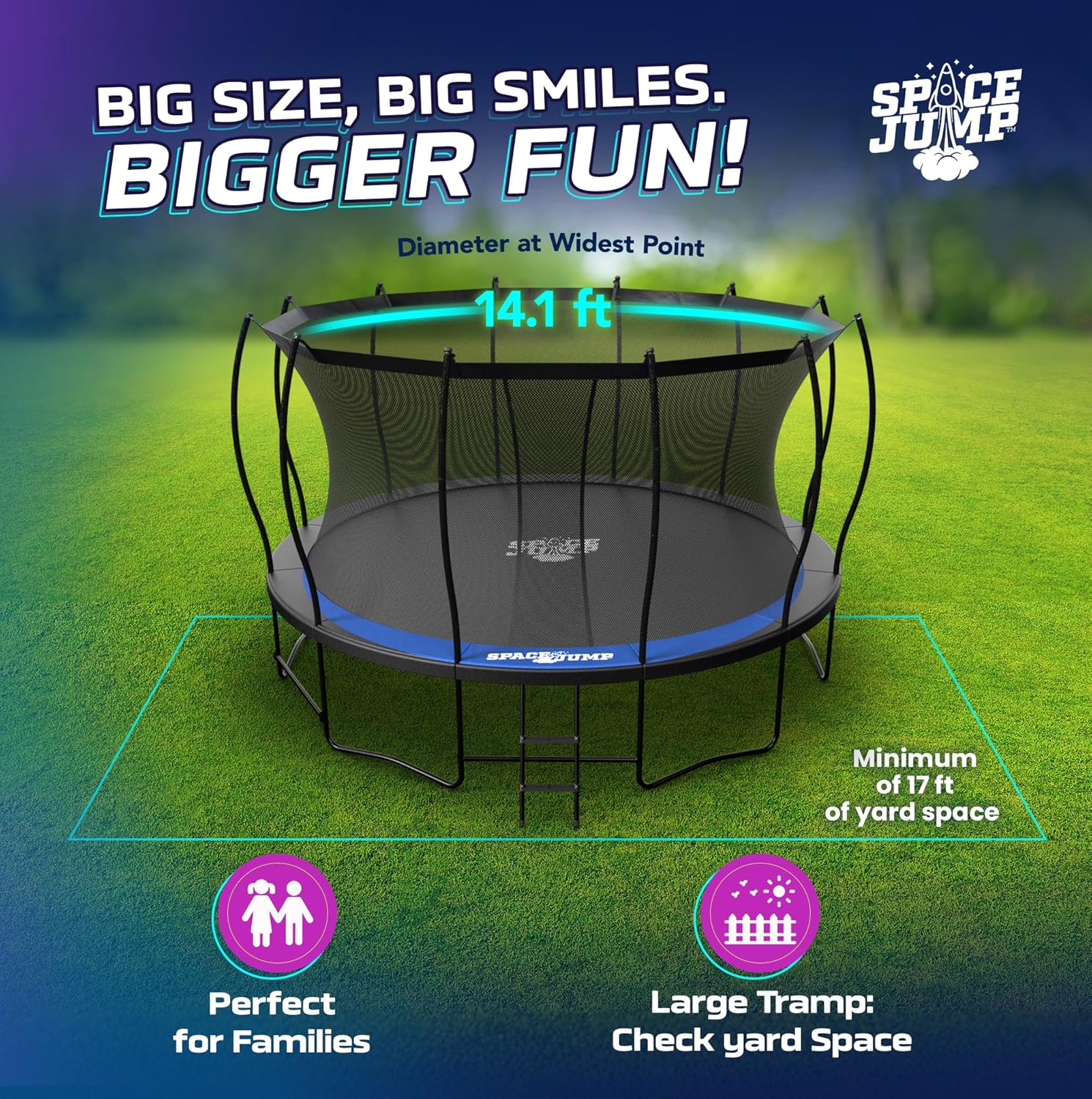 SpaceJump Lunar Trampoline, Outdoor 8 FT, 10 FT, 12 FT, 14 FT, 16 FT Round Bouncer with Safety Net, Optional Accessories, Black