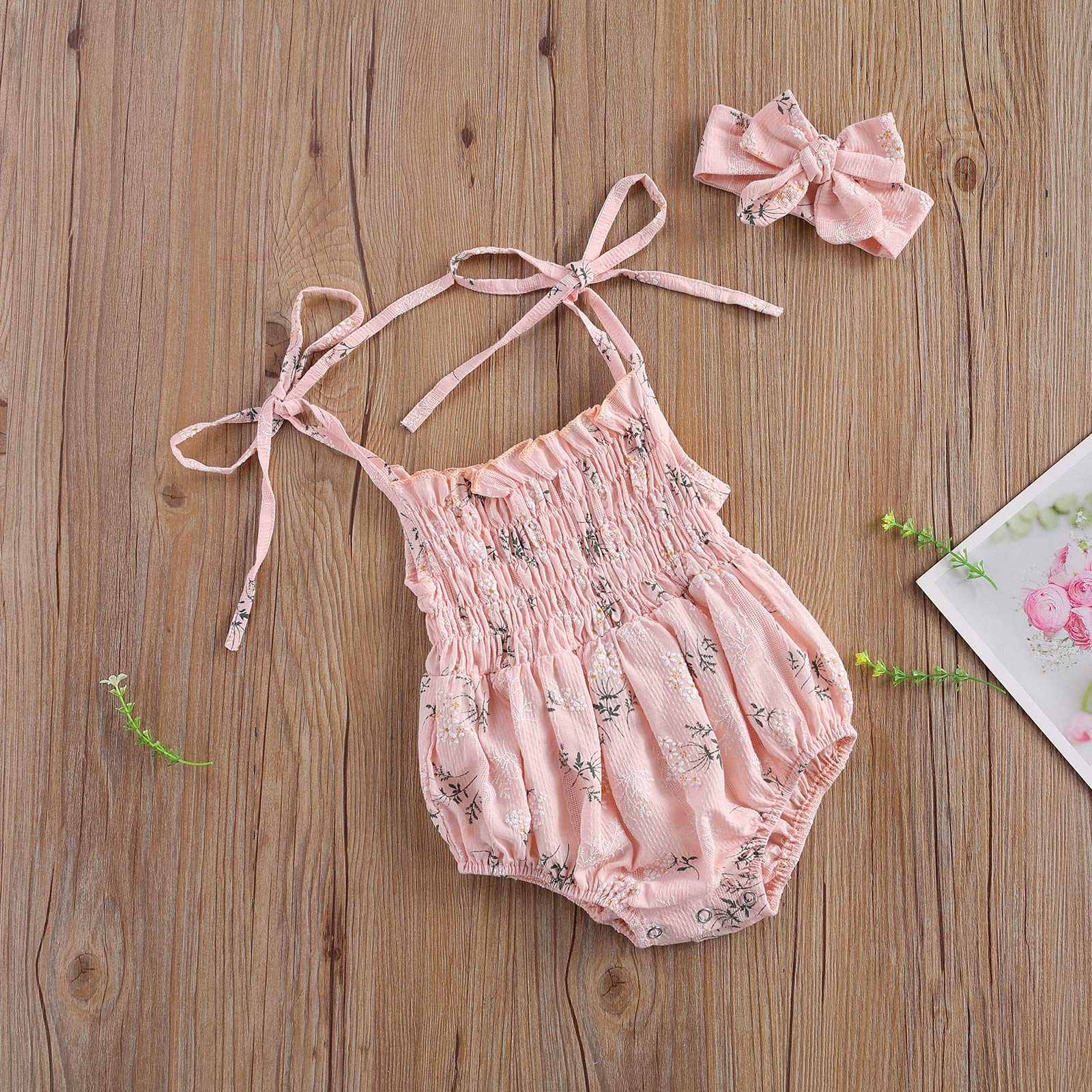 Newborn Baby Girl Daisy Lace Floral Ruffle Romper Bodysuit Sleeeless Square Collar Summer Outfits (H Pink Flower, 6-12 Months)